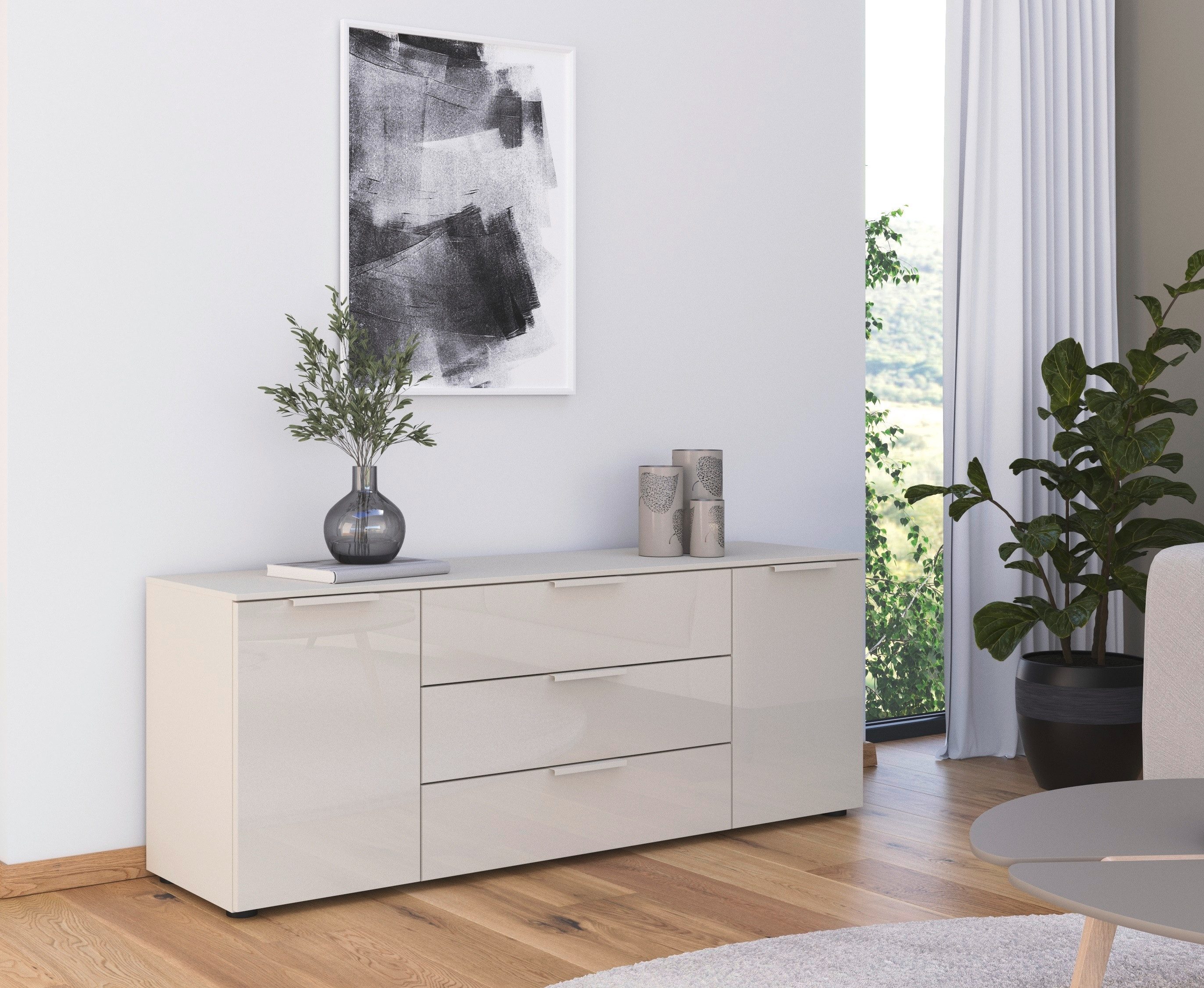 rauch Schubkastenkommode Kommode Türkommode Sideboard Kombikommode FLIPP mit Glasfront (Breite 160 cm mit 2 Einlegeböden), 2-türig mit 3 Schubladen und Soft-Close-Funktion sowie Glasfront