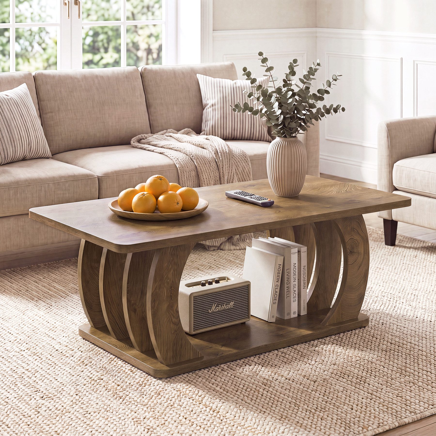 Tribesigns Couchtisch 120 x 60 cm Wohnzimmertisch, 2-stufiger Holztisch, Beistelltisch braun