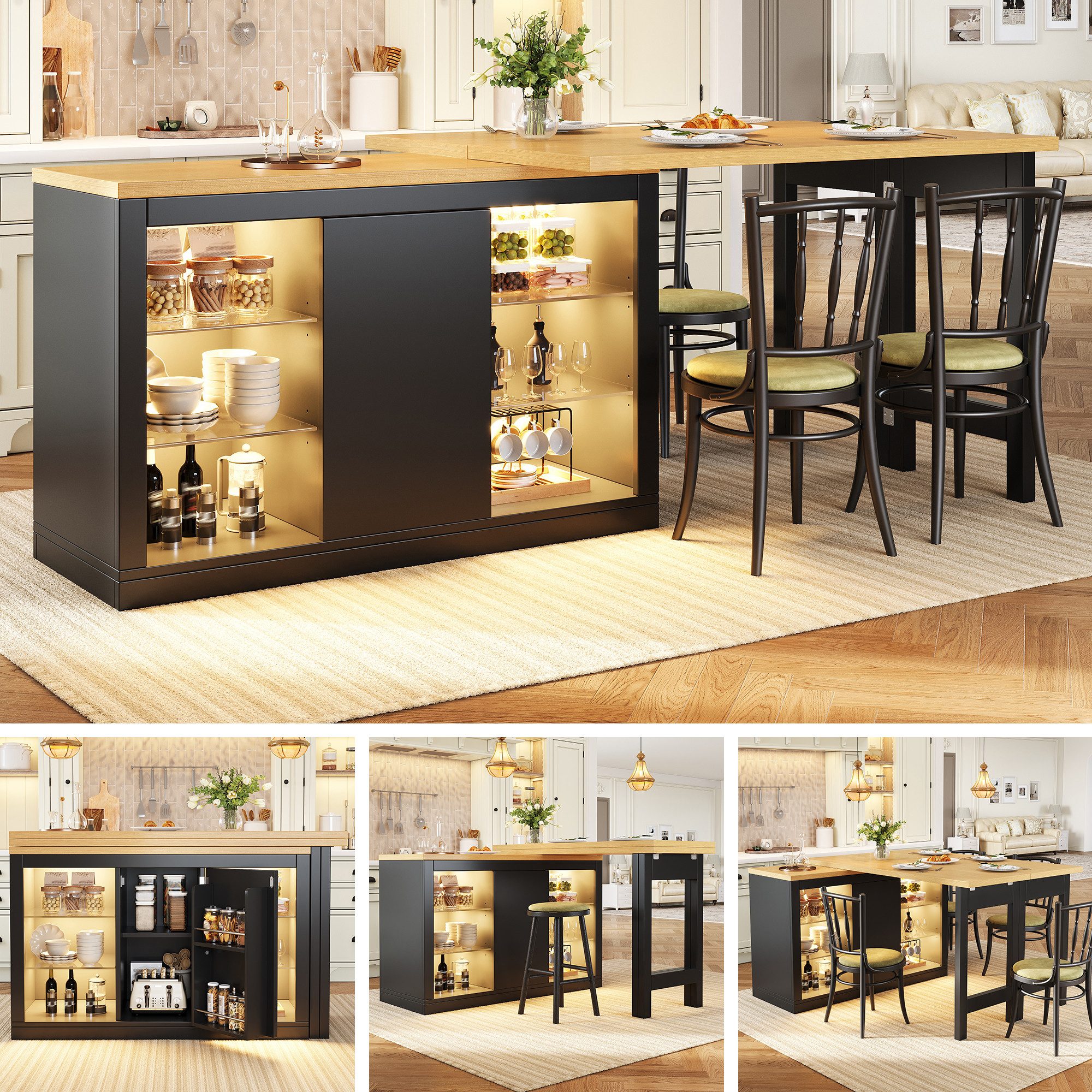 Flieks Kücheninsel Mehrzweckschrank mit 360° drehbarer und klappbarer Arbeitstisch, (Holzoptik Tischplatte Tiefe 40-80cm, Längenverstellbar 120-197cm), ausziehbar Esstisch&Küchenschrank mit LED&verstellbarer Glasablagen
