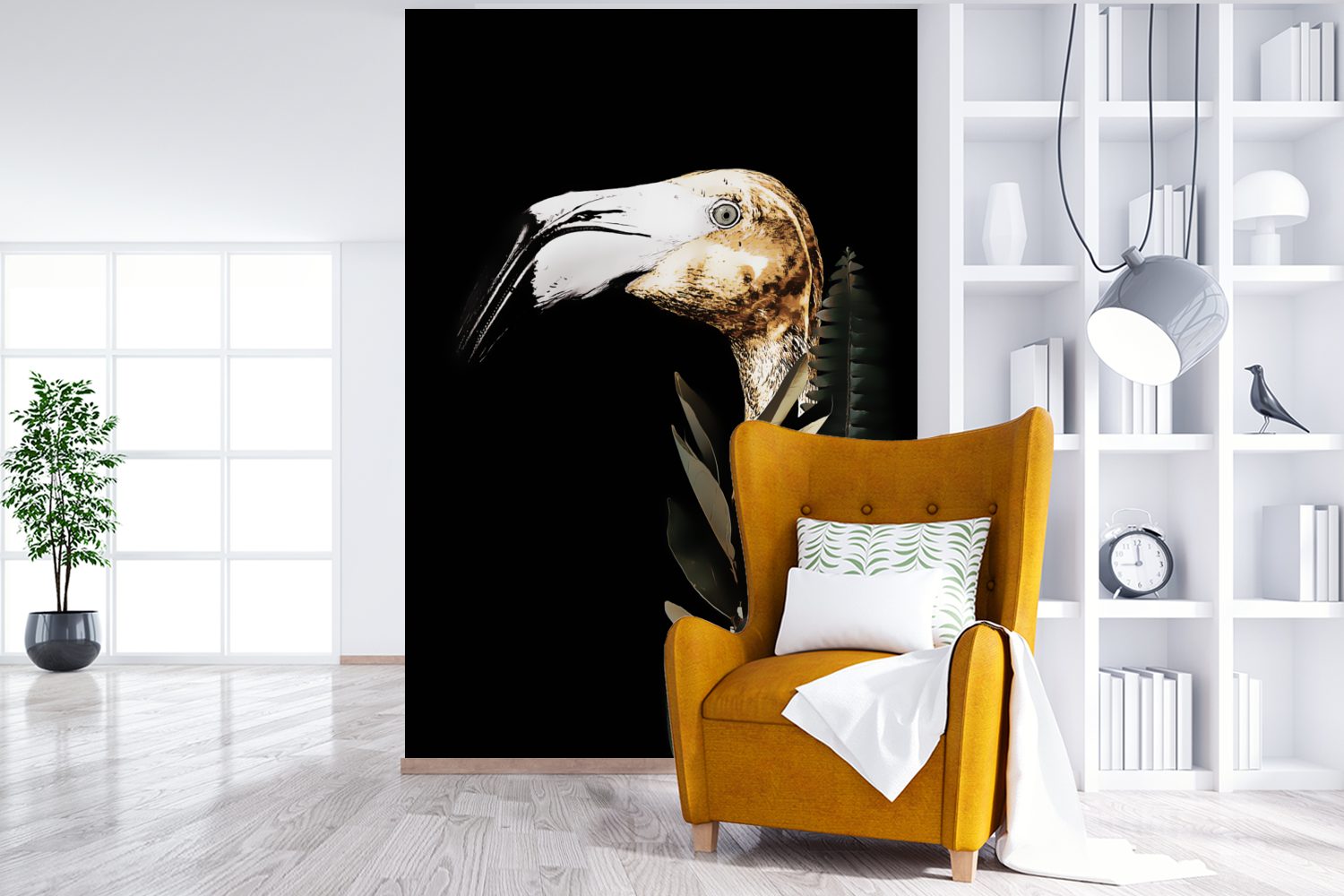 St), MuchoWow - - Blätter, Wohnzimmer, Montagefertig Porträt Tapete Flamingo (3 Fototapete bedruckt, Vinyl für Wandtapete Matt,
