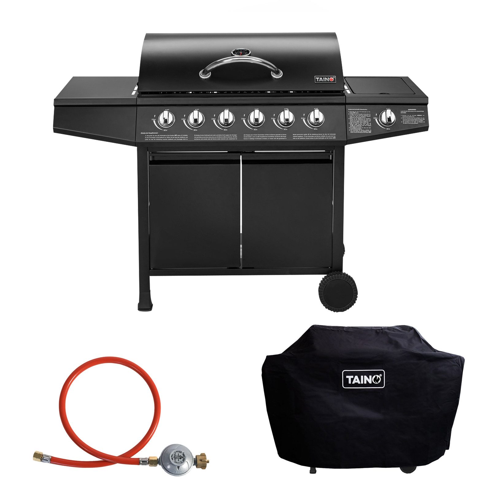 TAINO Gasgrill BASIC 6+1, Gasgrill mit Abdeckhaube, Gasregler und Gasschlauch, 6 Hauptbrenner aus Edelstahl, Seitenbrenner, Piezozündung