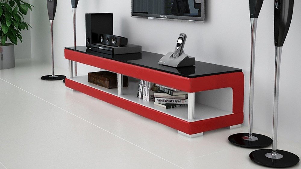 JVmoebel Lowboard Designer TV Sideboard aus Leder und Glas in Rot und Weiß (1 St), Made in Europa