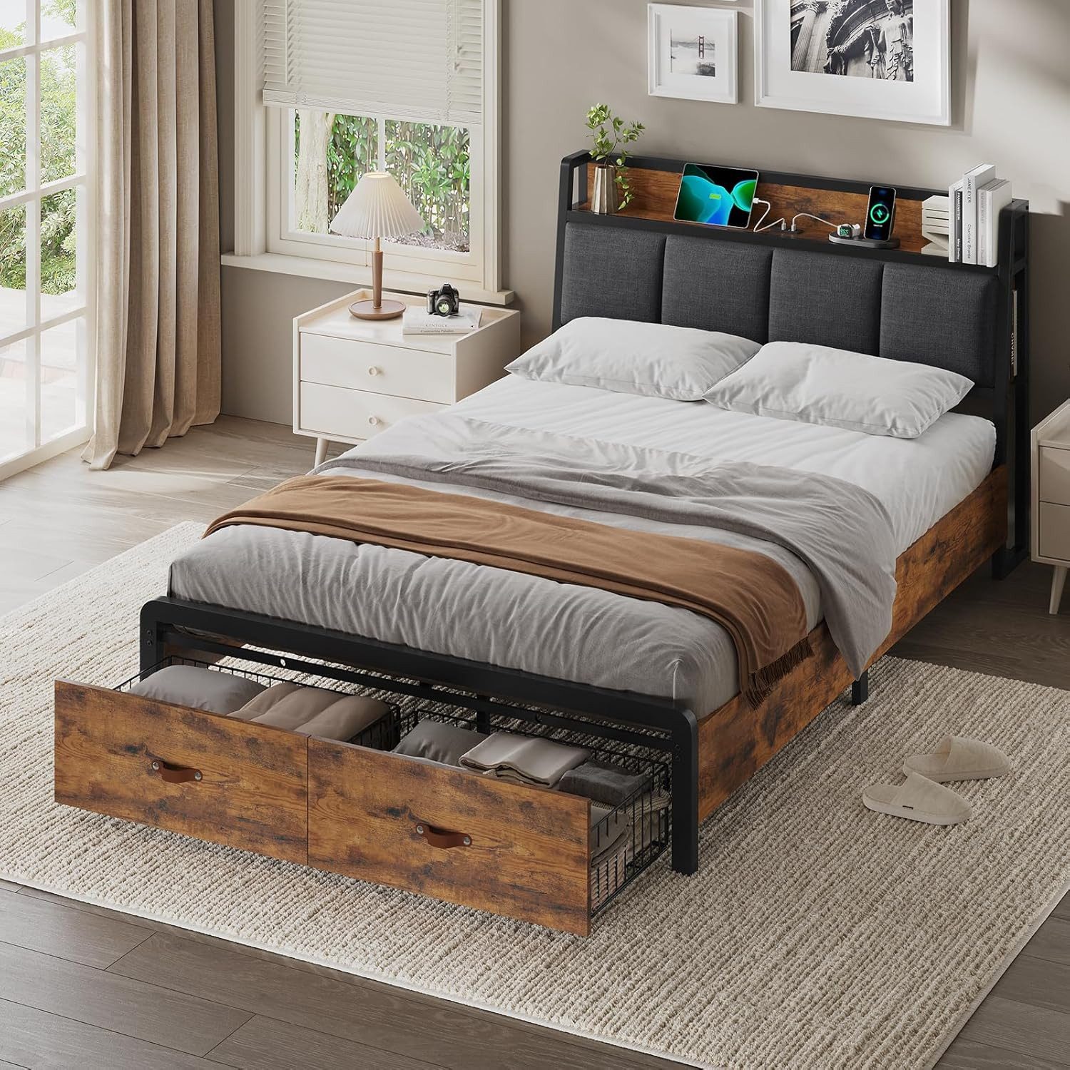 KIMENICH Metallbett Bettgestell mit Ladestation und 2 Schubladen, Jugendbett (1-tlg., Ohne Matratze), 140x200cm, Schwarz+Vintage Braun