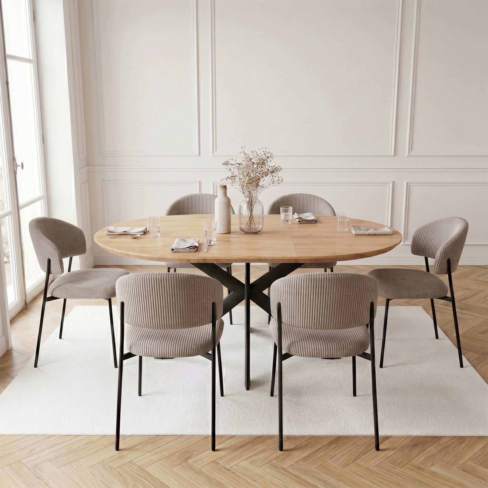 Jiexi Essgruppe Essgruppe ausziehbar rund bis oval MDF Tisch mit Cordstühlen – Bild 2 von 5