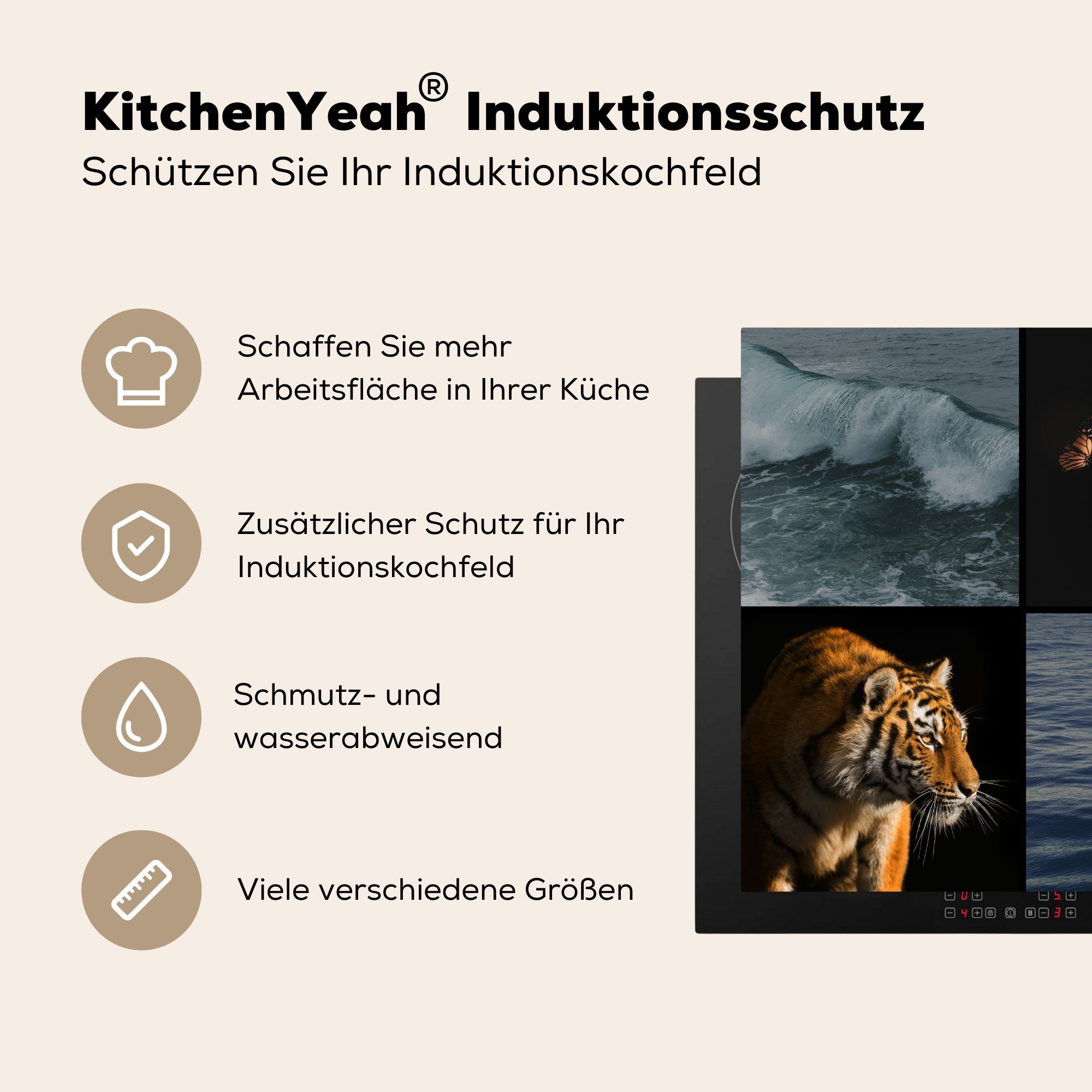 tlg), Arbeitsplatte küche Meer, cm, 78x78 Tiger Vinyl, Ceranfeldabdeckung, Schmetterling (1 Herdblende-/Abdeckplatte Collage - für MuchoWow - -