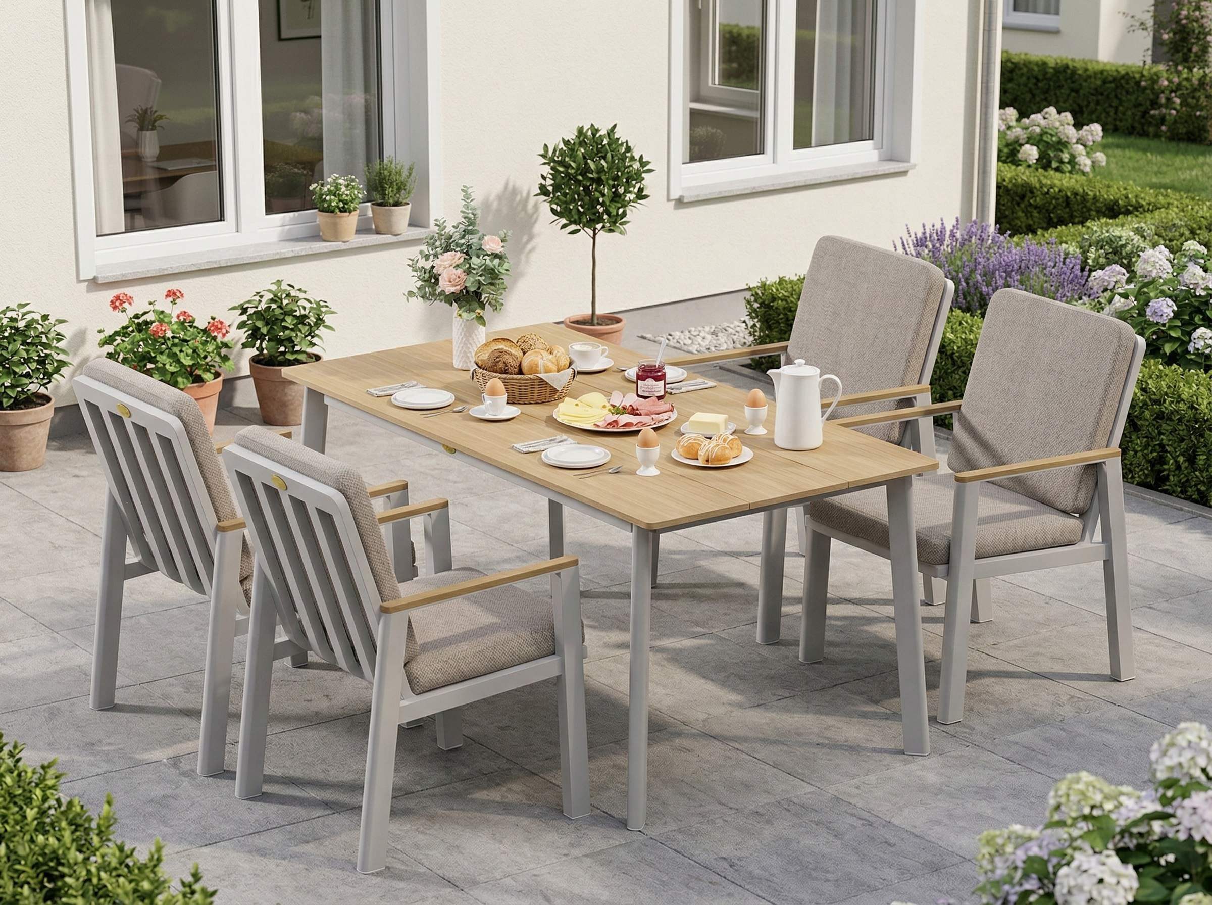 MeXo Gartenlounge-Set Aluminium Gartenmöbel Set, (150 x 80 cm Gartentisch, 5-tlg., mit 4 Stühlen), wetterfeste Essgruppe für Terrasse Balkon Garten