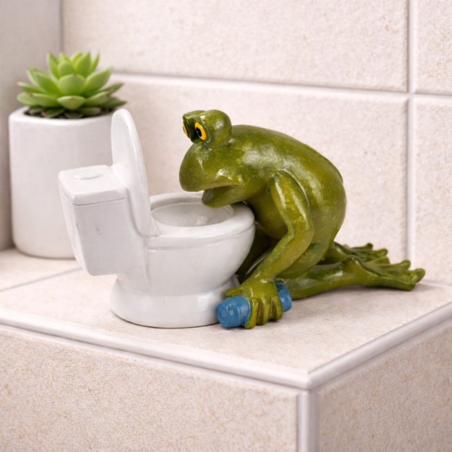 Online-Fuchs Dekofigur kotzender Frosch - lustige Geschenkidee - Deko Badezimmer, Gäste-WC (17 cm groß, glänzende Oberfläche), auch als Gartenfigur im Outdoor Bereich geeignet - wetterfest