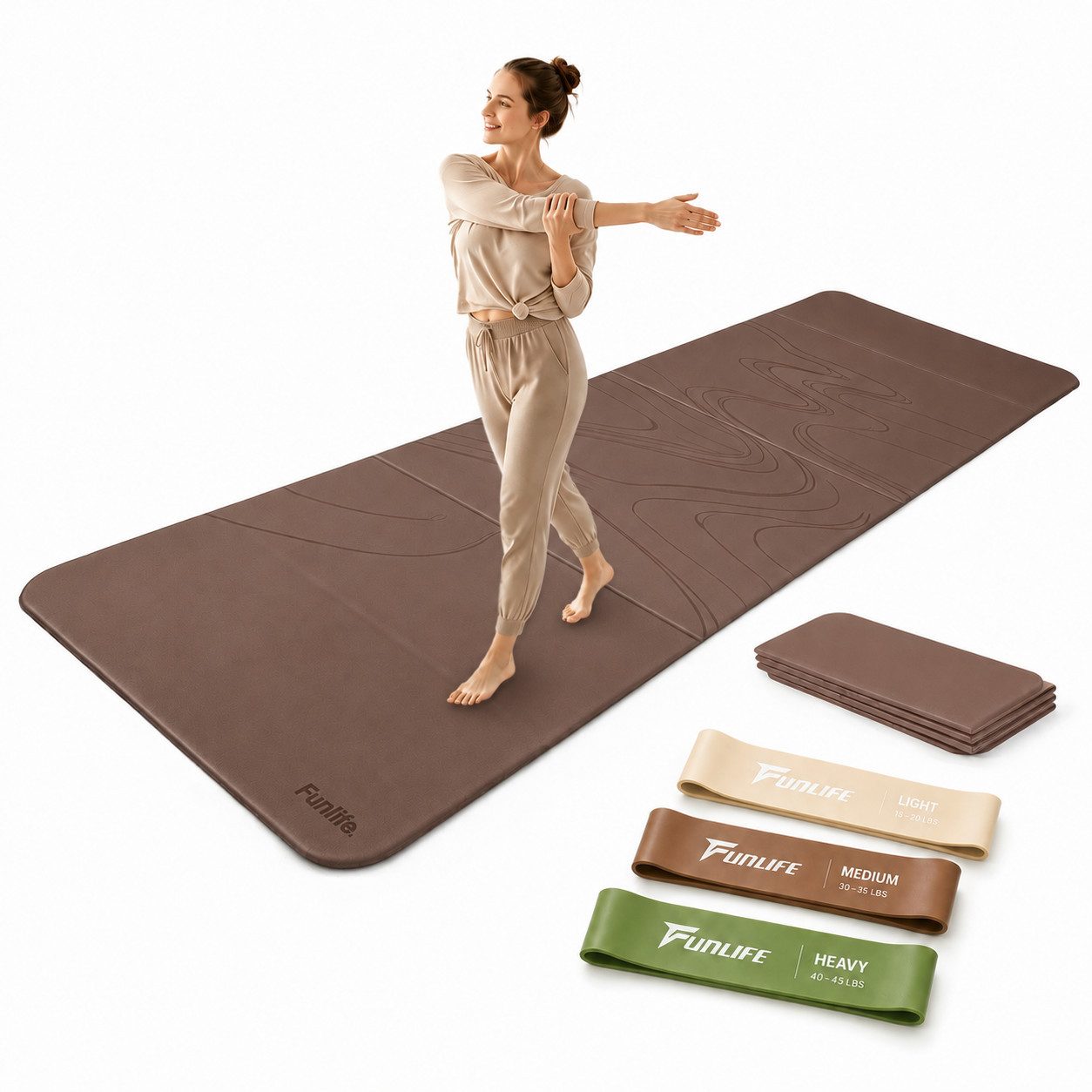 FunLife Yogamatte FOLD Design-Edition – Einzelmatte oder Set mit 3 Fitnessbändern (Einzelmatte), 10 mm dick, faltbar, platzsparend, 190 × 66 cm
