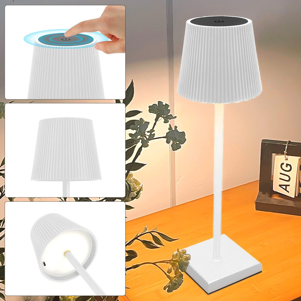 Simloveve LED Tischleuchte Tischlampe Kabellos Aufladbar, Akku Tischlampe Outdoor IP54, Touch-Dimmbar von 5–100 % Helligkeit, mit 3 Lichtfarben (3000/4000/6000K), LED fest integriert, Kaltweiß, Naturweiß, Warmweiß, USB-C, für Innen & Außen, 2-fach höhenverstellbar