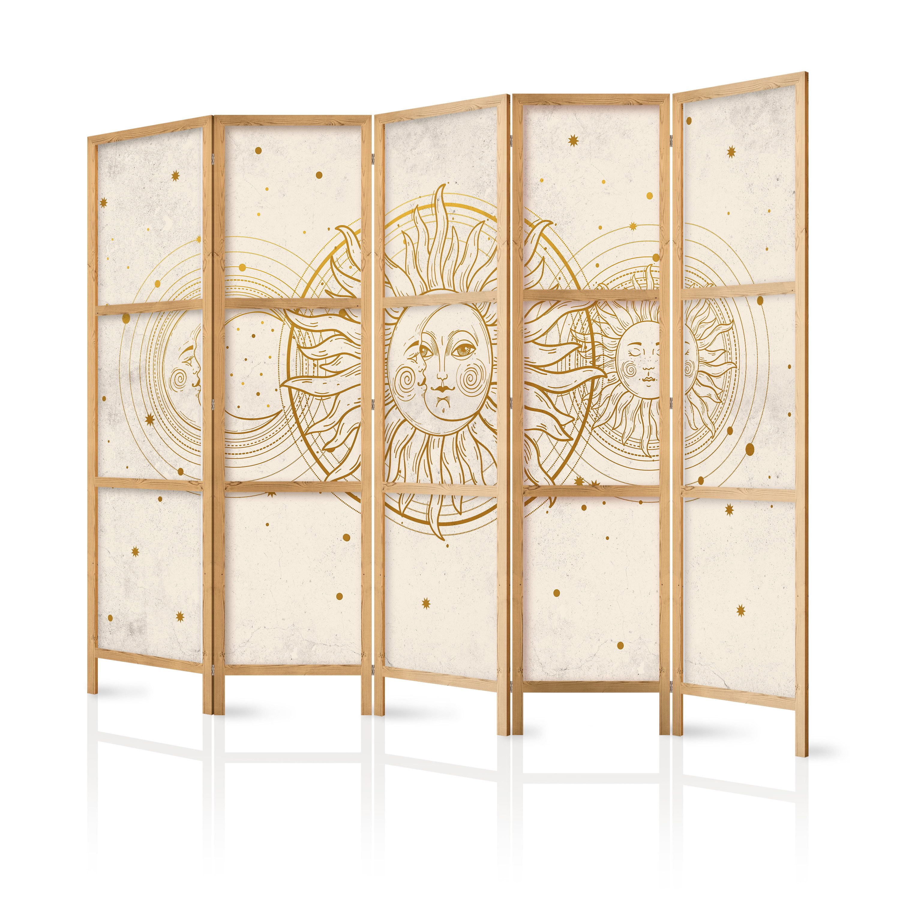 Muralo Paravent 5-teilig Japanischer Paravent klappbar Goldene Sonne Mond Boho-Stil (Packung, 1 St., 225x172 cm), Für das Wohnzimmer, das Schlafzimmer