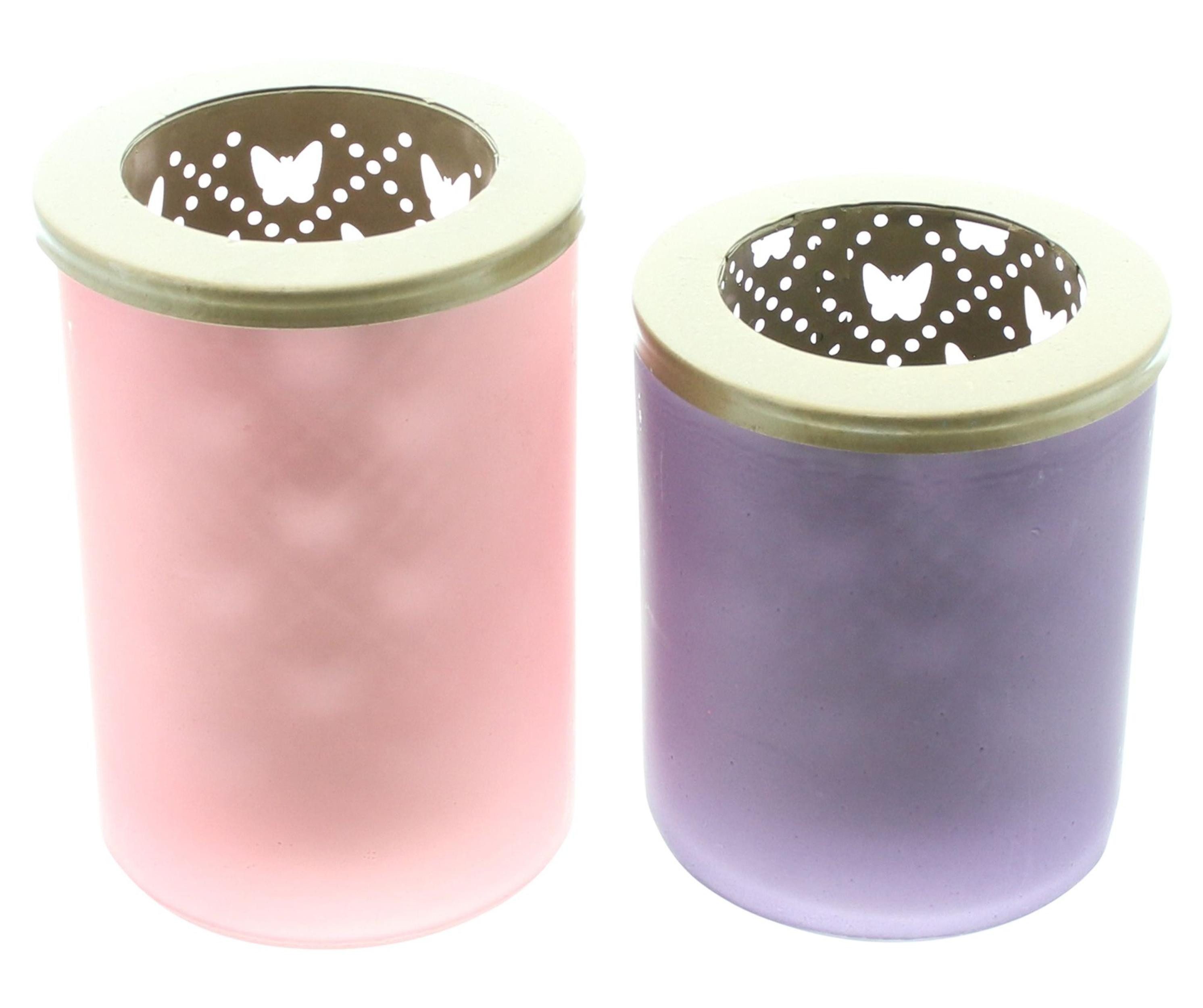 Tischkerzenhalter 2x Teelichthalter Schmetterling Glas Violett & Rosa