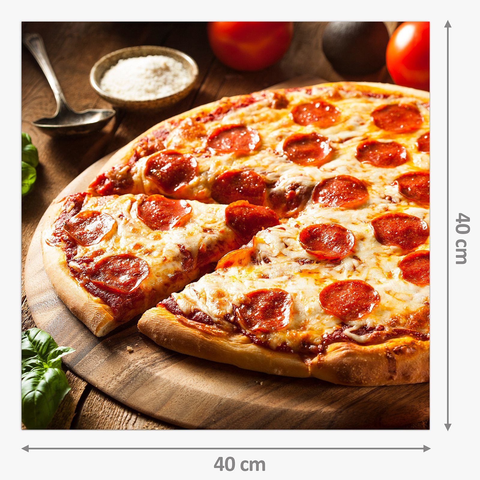 Spritzschutz Holzplatte Pizza Motiv Küchenrückwand mit Glas auf Primedeco Küchenrückwand