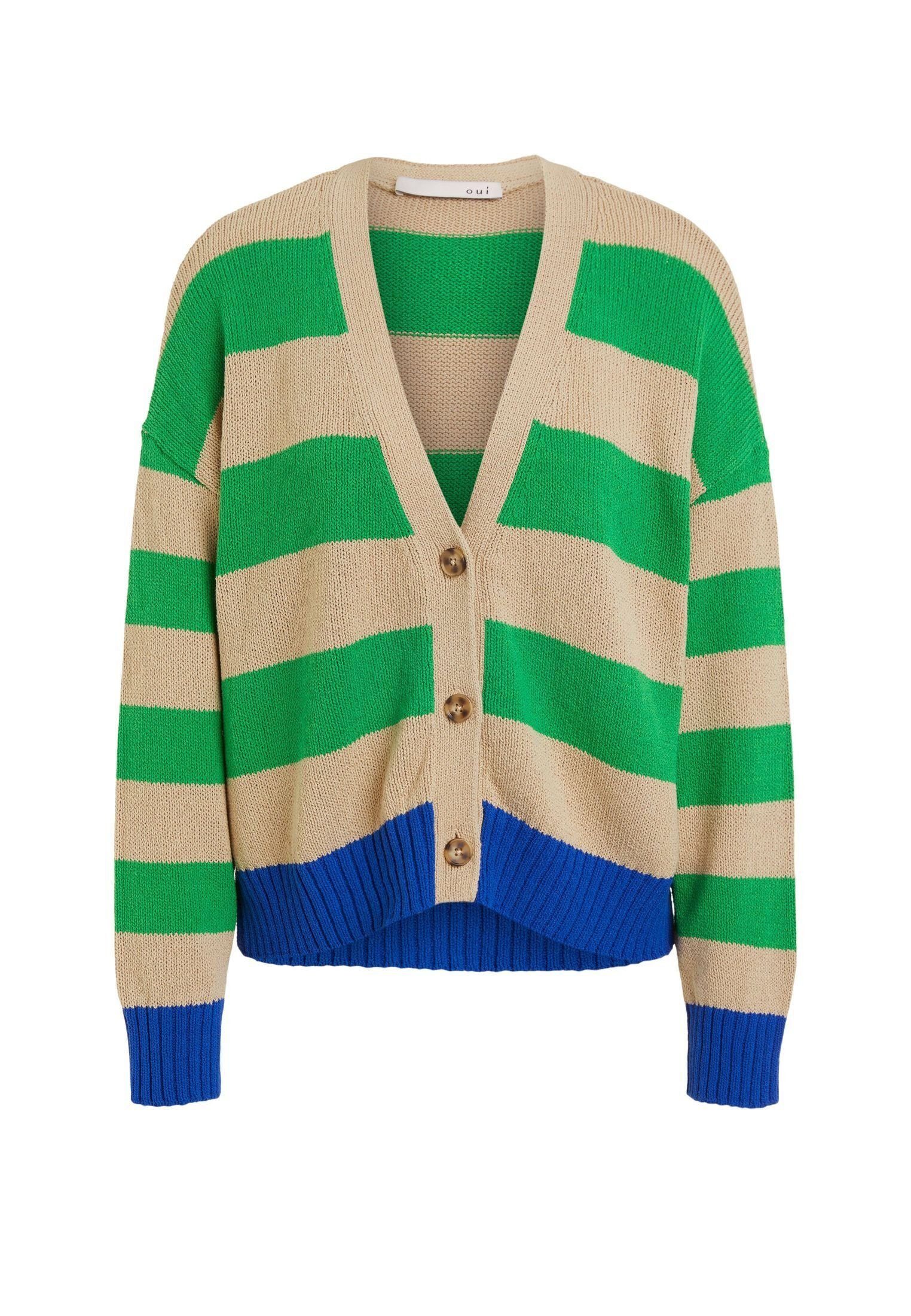 Oui lässige Strickjacke mit grünen Streifen aus Bändchengarn NEU Oui lässige Strickjacke mit grünen Streifen aus Bändchengarn NEU