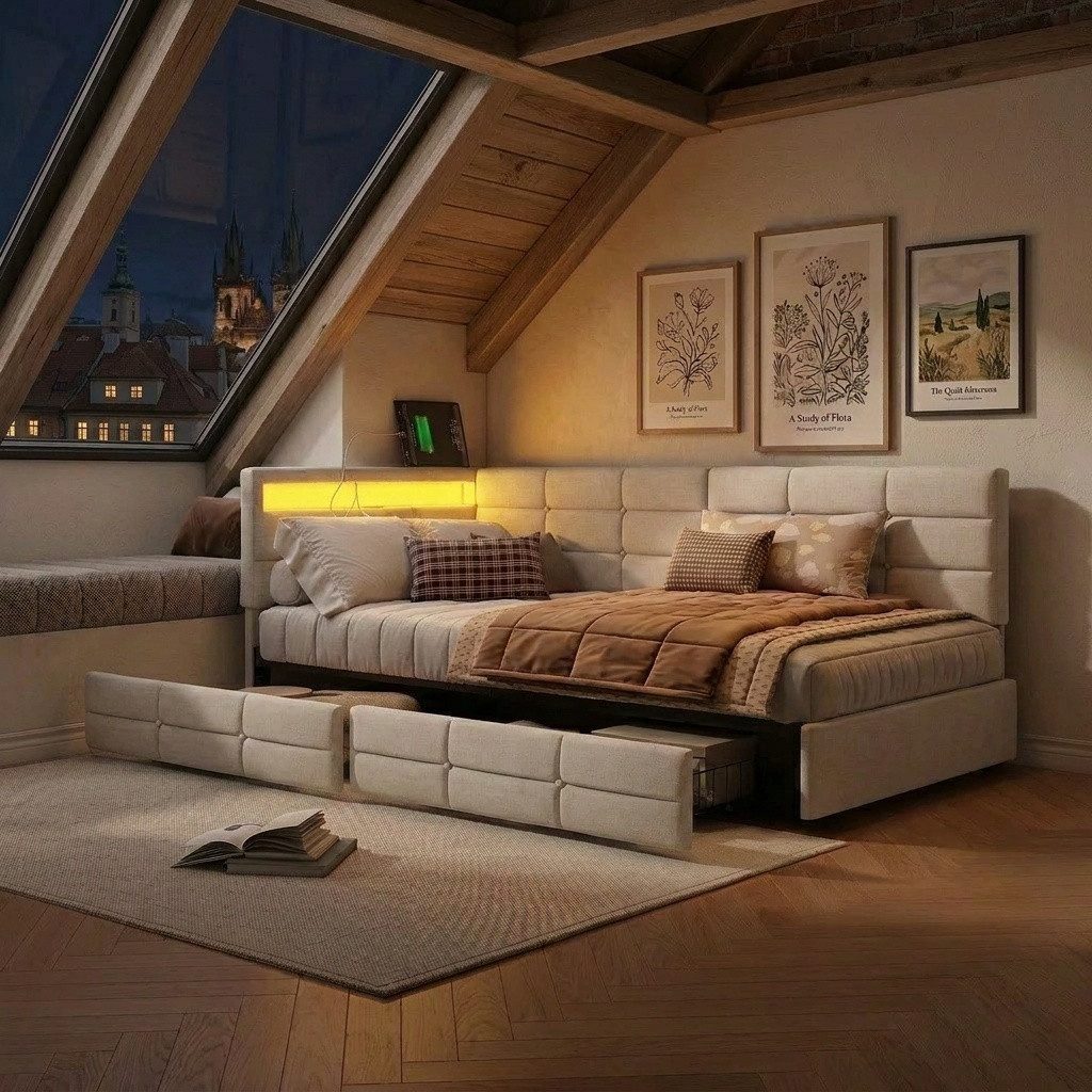 PXloue Polsterbett Daybett Tagesbett, Schlafsofa,2 Schubladen, Mit LED und USB-Ladeanschluss,90x200 cm