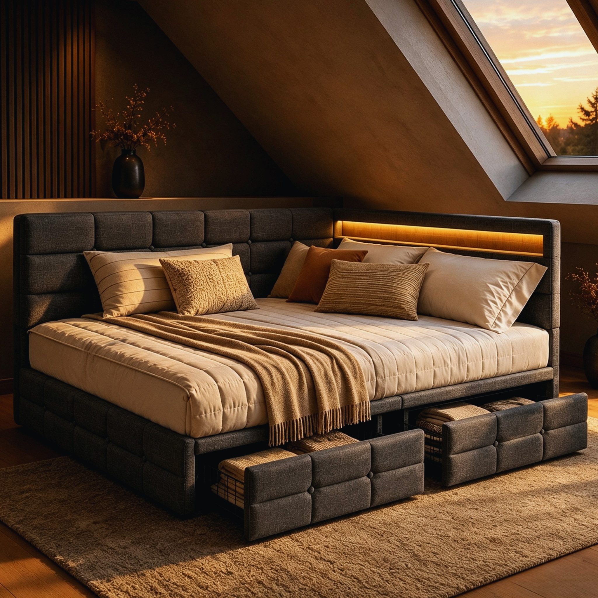 Simurq Polsterbett Tagesbett L-Form 140x200 mit LED, Ladefunktion & 2 Schubladen (Bettgestell mit Lattenrost und 2 Schubladen, Bettgestell mit Kopfteil, Lattenrost, 2 Schubladen, ohne Matratze), L-Form, links/rechts montierbar, 140x190/140x200 cm