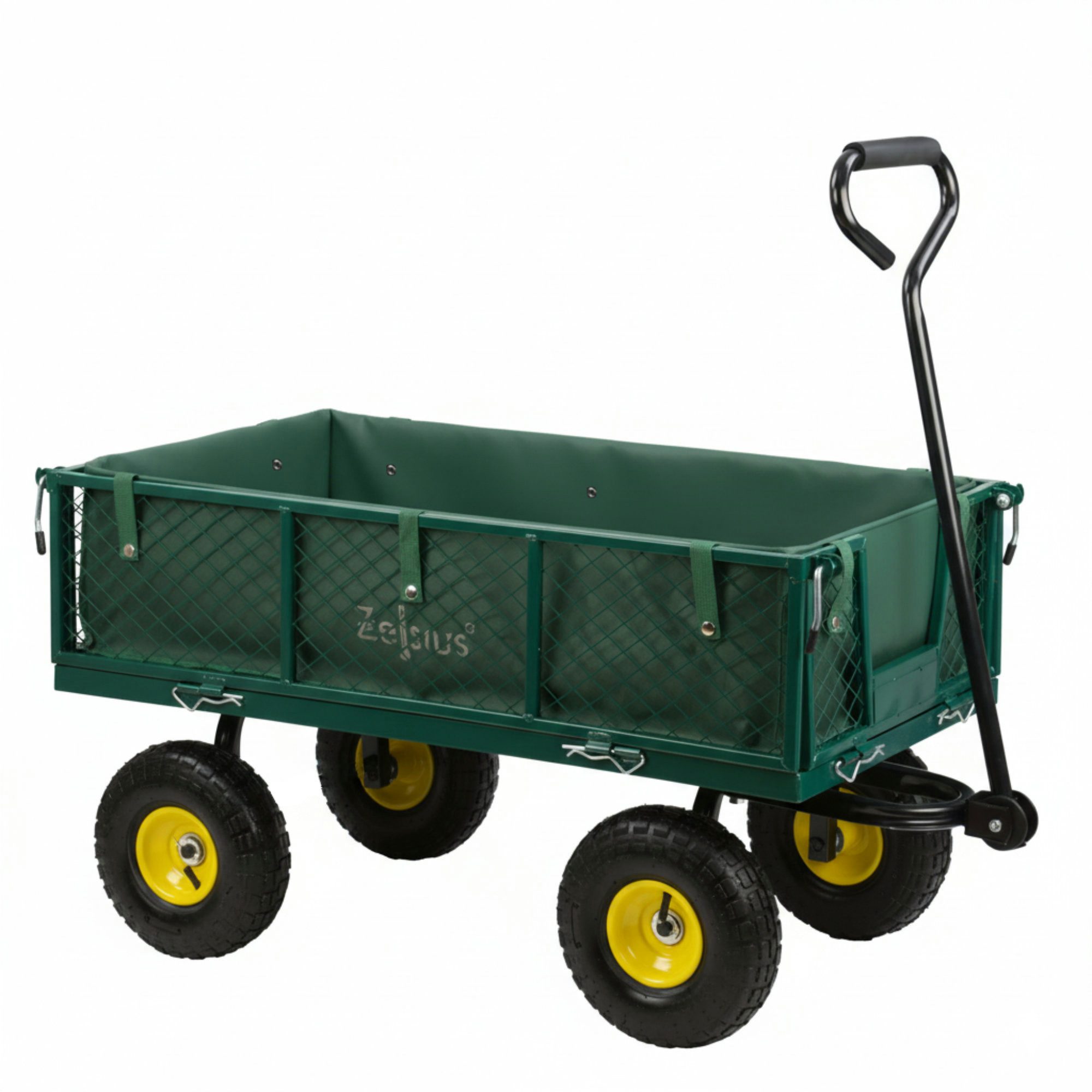 Zelsius Bollerwagen Transportwagen, 350 kg Tragkraft, 105 Liter, Grün/Gelb, Handwagen, Einklappbare Seitenteile
