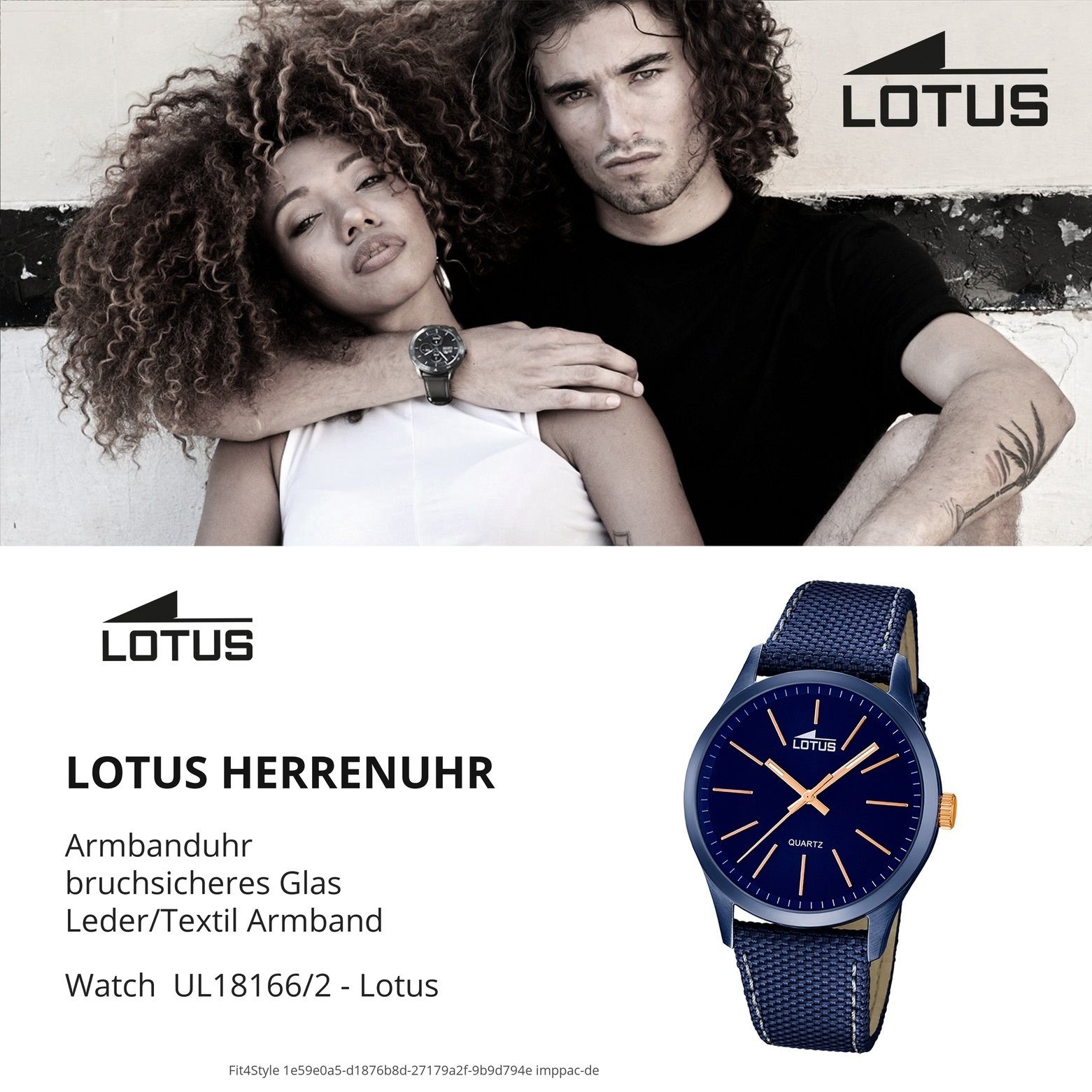 Elegant Herren Leder, Herren Armbanduhr Leder/Textilarmband blau Uhr L18166/2 rund, Quarzuhr Lotus Lotus
