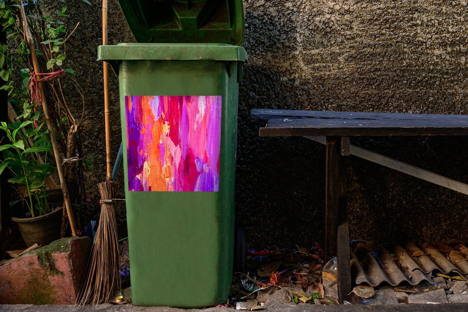 St), Farben Abfalbehälter Sticker, Acrylmalerei Container, Mülltonne, MuchoWow (1 leuchtenden mit Wandsticker Mülleimer-aufkleber,