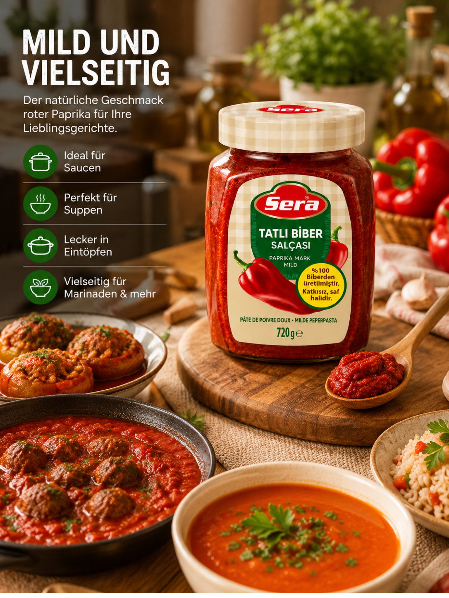 SERA FOOD Saucen Sera %93 Rote Paprika, Paprikamark im Glas, 720 g, 93 % rote Paprika, traditionelle Rezeptur, intensiv im Geschmack – Bild 3 von 3