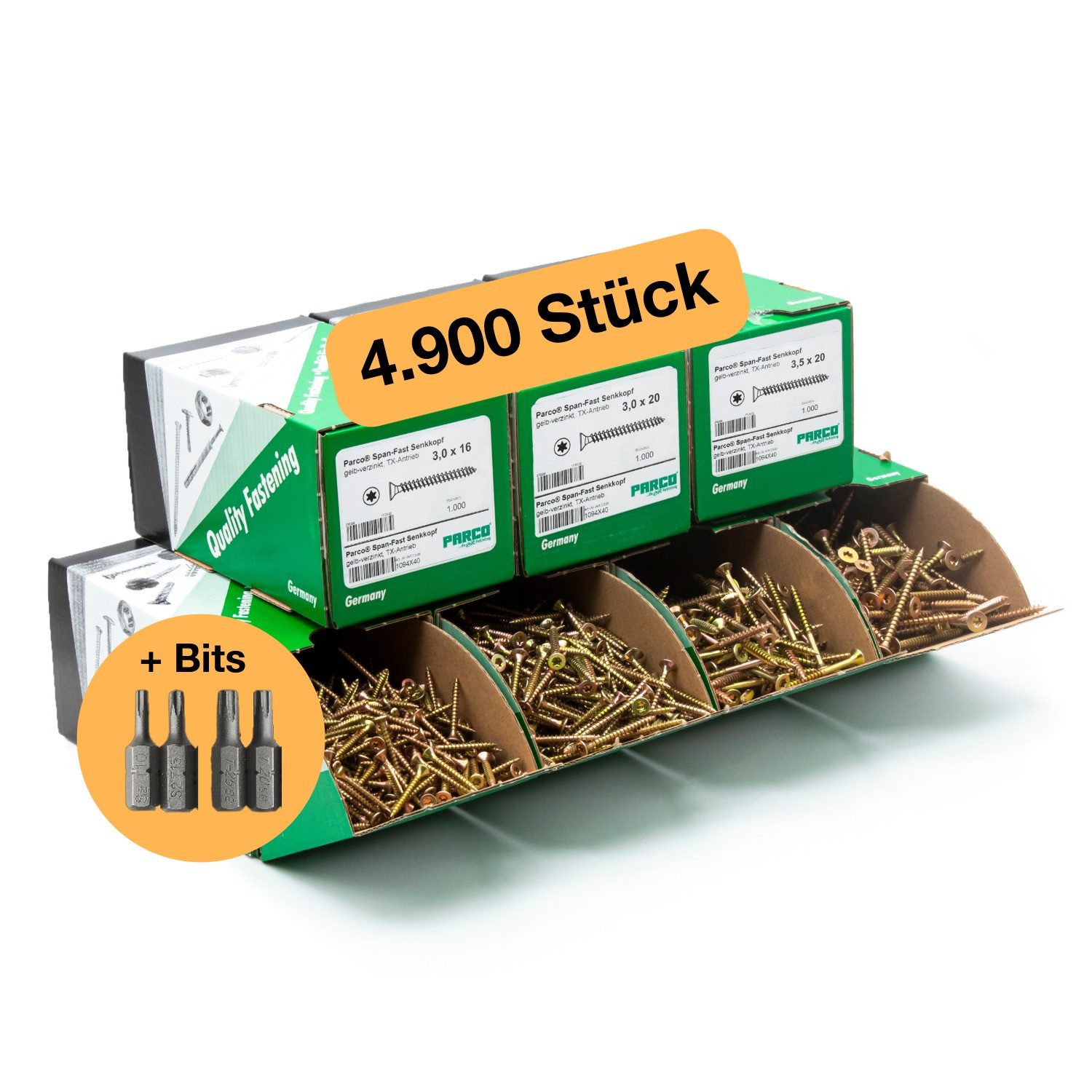 PARCO Schrauben- und Dübel-Set Spanplattenschrauben Sortiment Holzschrauben 1400/4900 Stück, (4900 St), Torx-Antrieb, Rostschutzbeschichtung