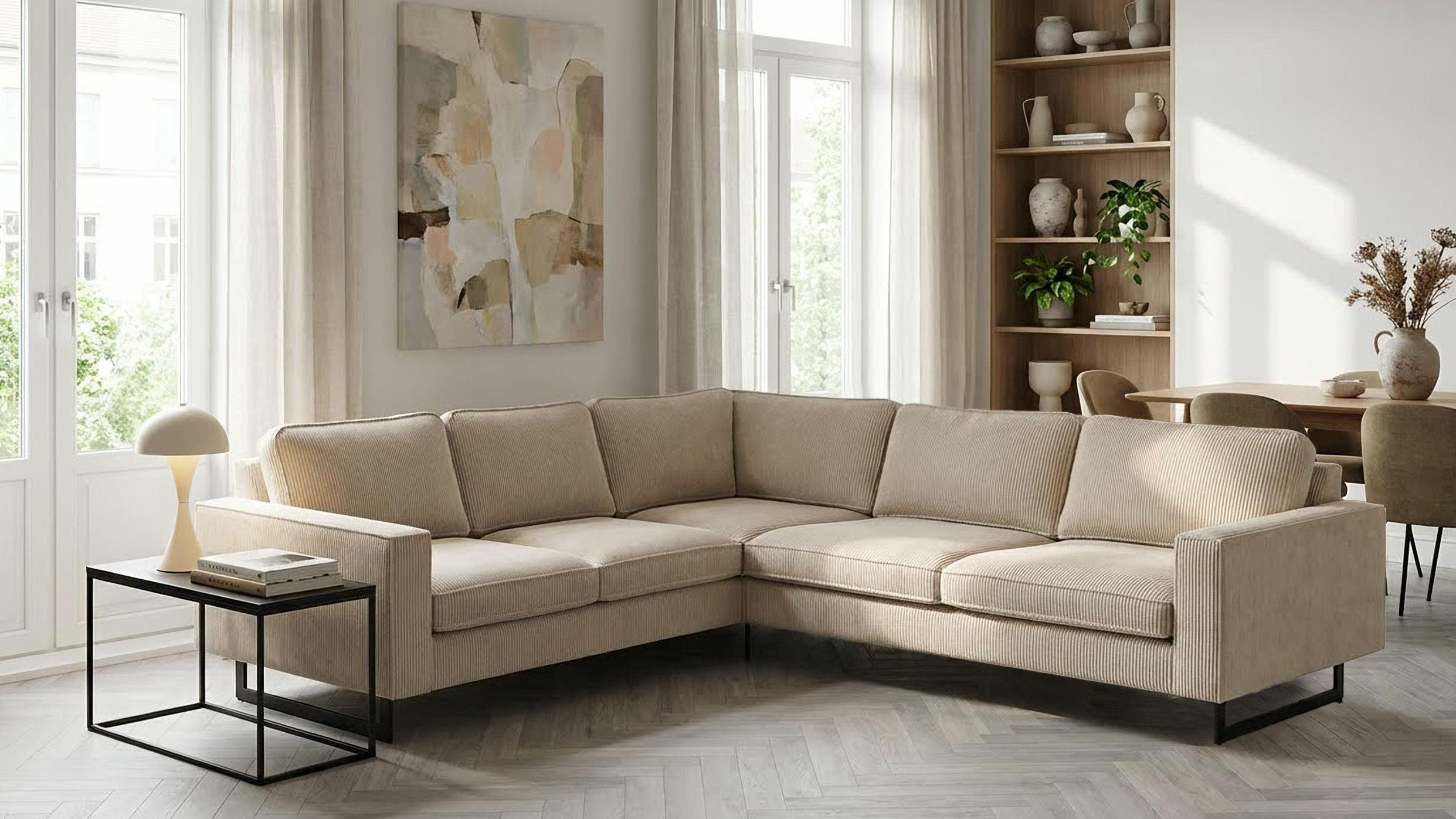 Home affaire Ecksofa Pinto, XXL, 250/290 cm, langer Schenkel, Ottomane, Cord, Chenille, Lederoptik, mit Keder, Metallfüße, Wellenunterfederung
