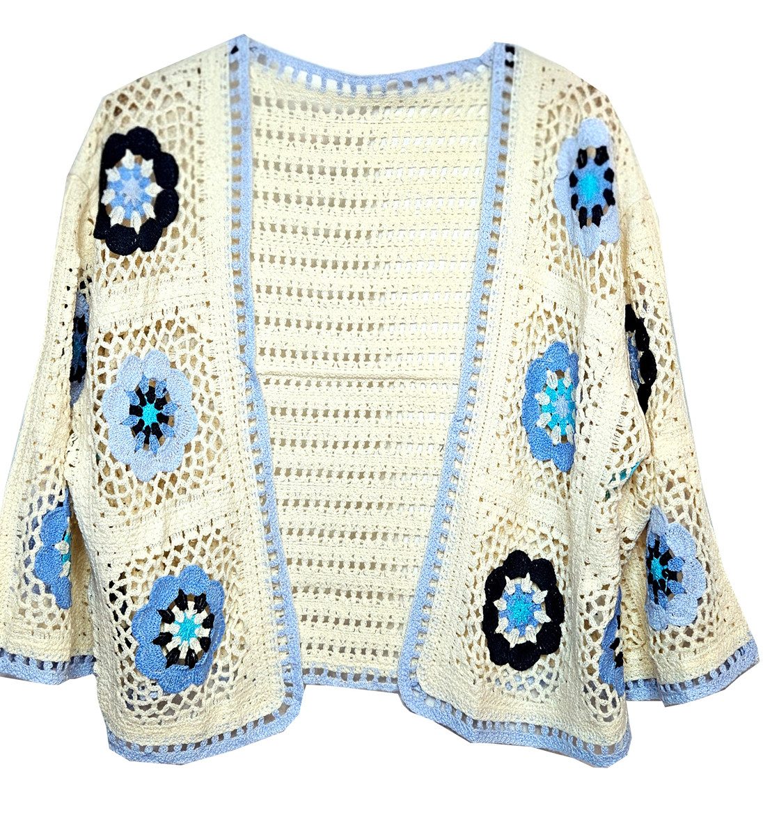 Strickjacke Boho Cardigan Häkel Creme Blau L 40 / 42 Ibiza Style