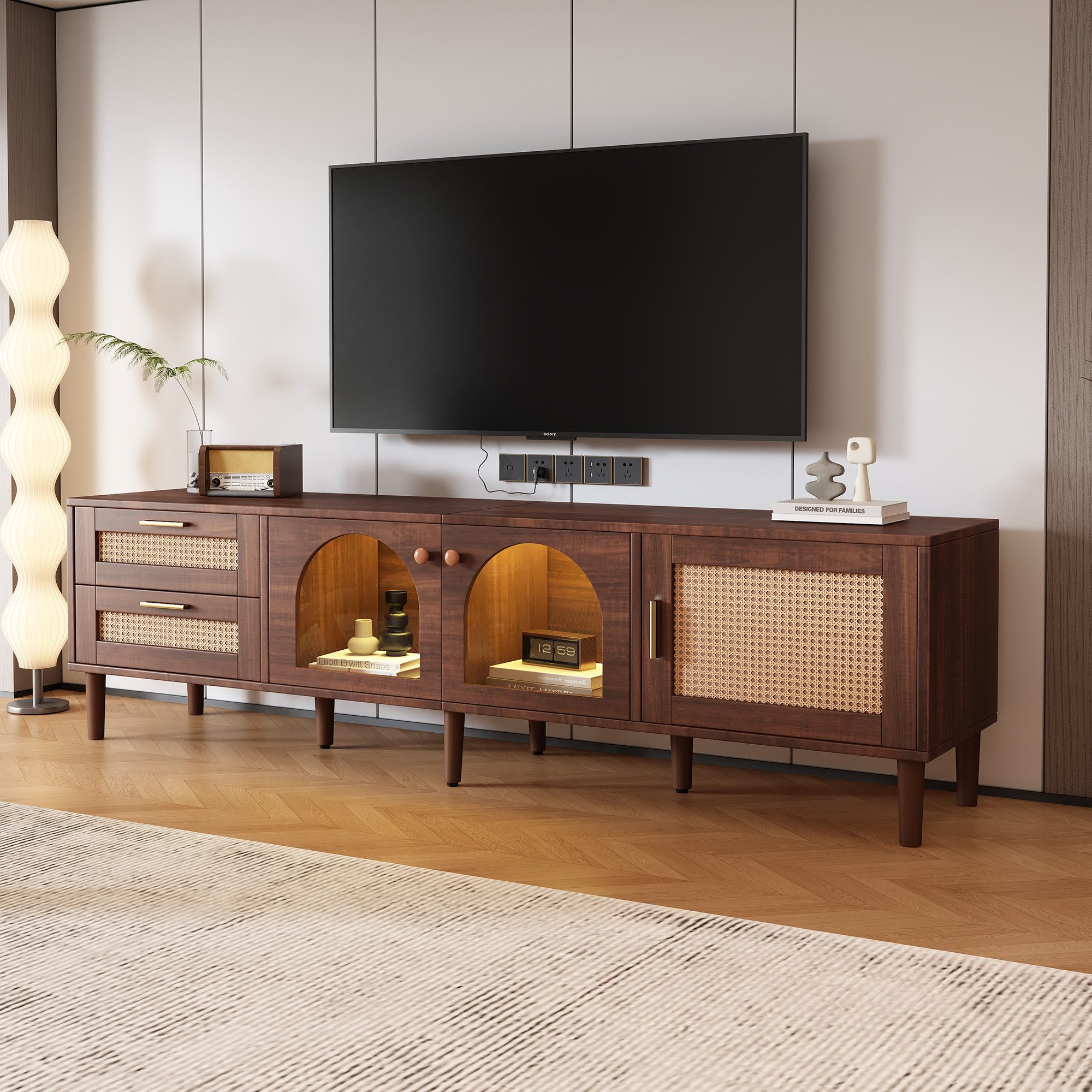 Yorbay TV-Schrank Rattan Design,mit LED-Beleuchtung,Braun Lowboard für 80-Zoll-Fernseher Vintage Lowboard mit 2 Rattan-Schubladen und 3 geschlossener Stauräume