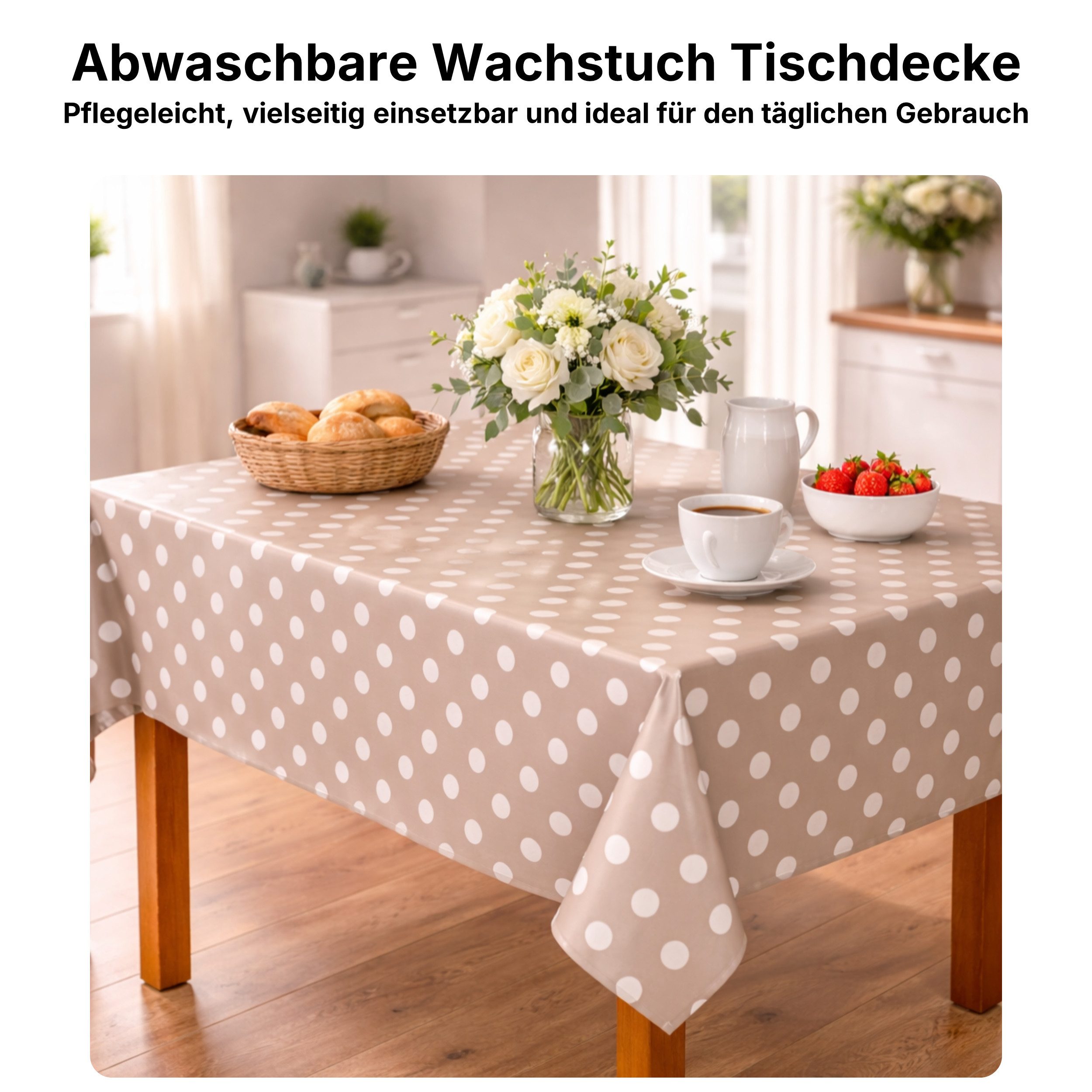 Melody Gartentischdecke Wachstuchtischdecke Gartentischdecke Punkte taupe abwaschbar, fleckenabweisend, wasserabweisend, Glattes Gewebe