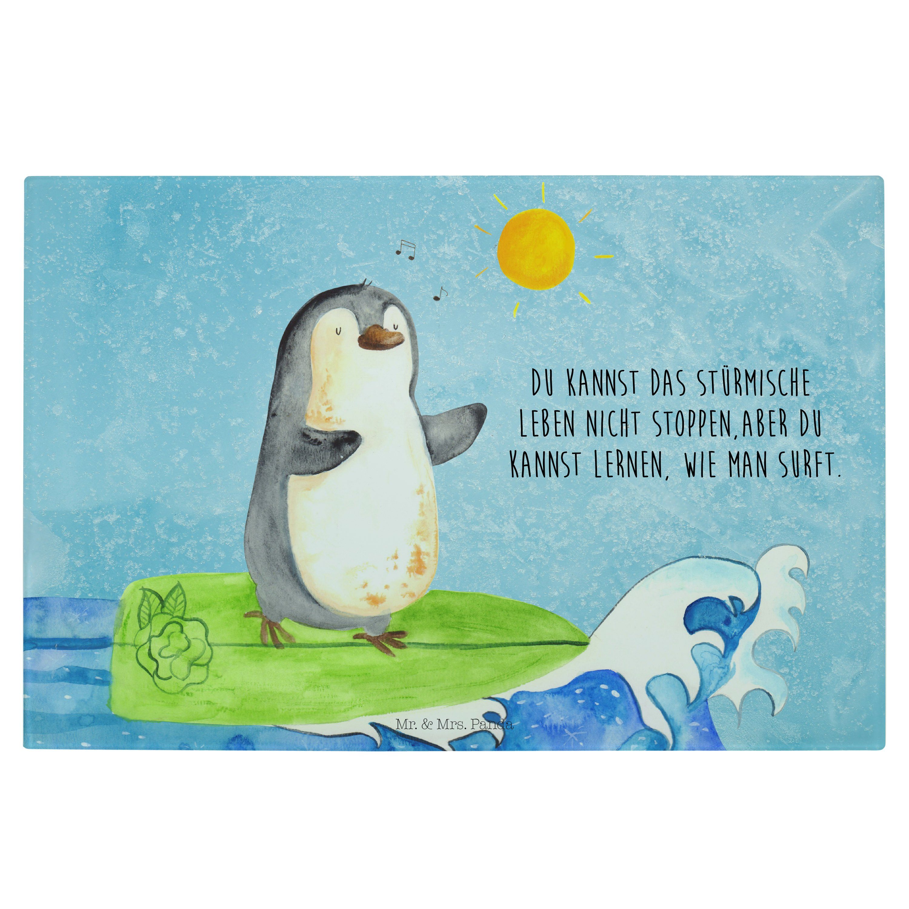 Pinguin Eisblau optimistisch, - Premium Geschenk, (1-St) Servierbrett Mr. - Glas, Panda Surfer Mrs. & Glasschneidebrett,