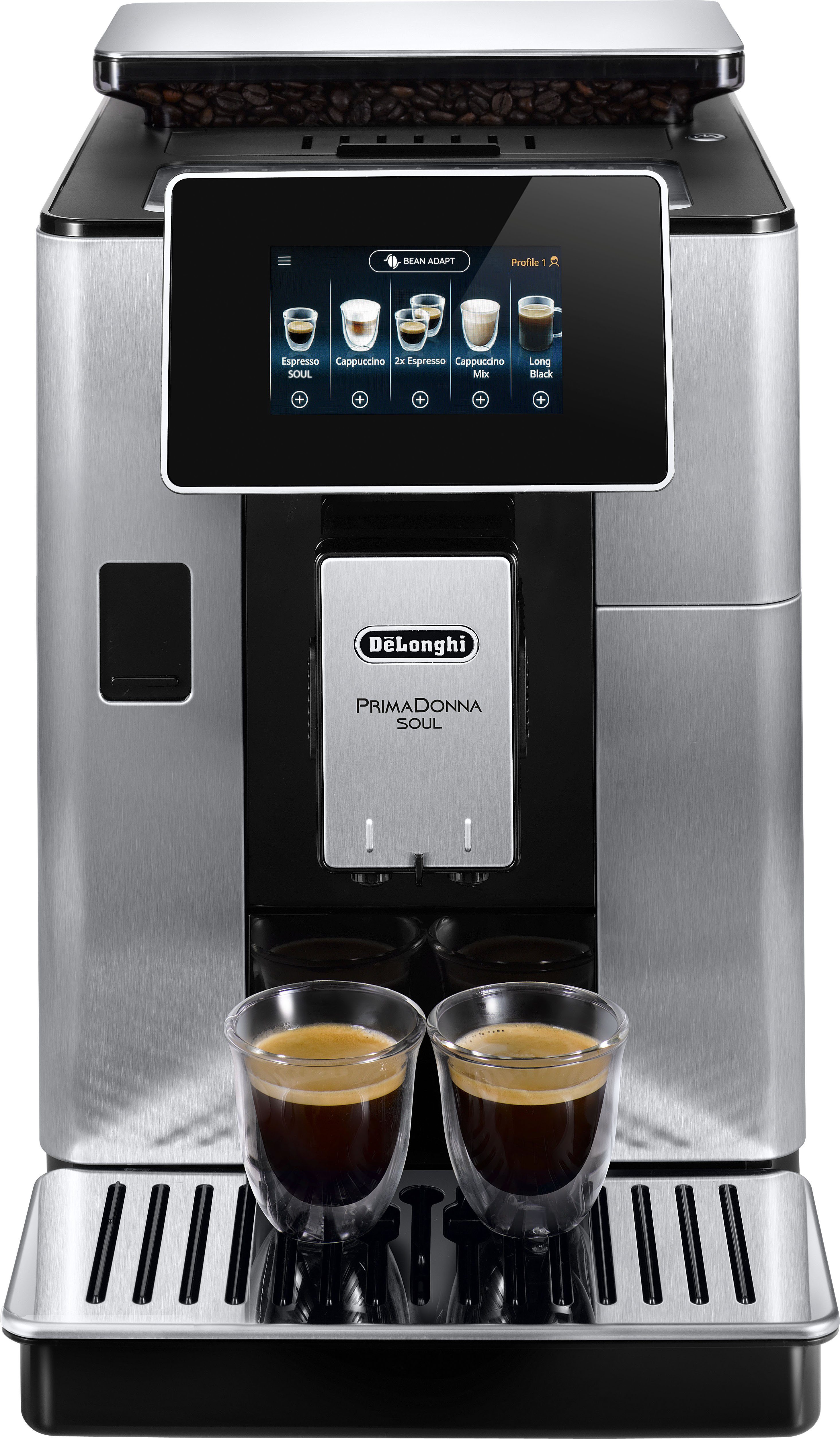 De'Longhi Kaffeevollautomat PrimaDonna Soul ECAM610.75.MB - Mit Kaffeekannen-Funktion, Inkl. Kaffeekanne, Bean Adapt Technology, Edelstahl, Scheibenmahlwerk