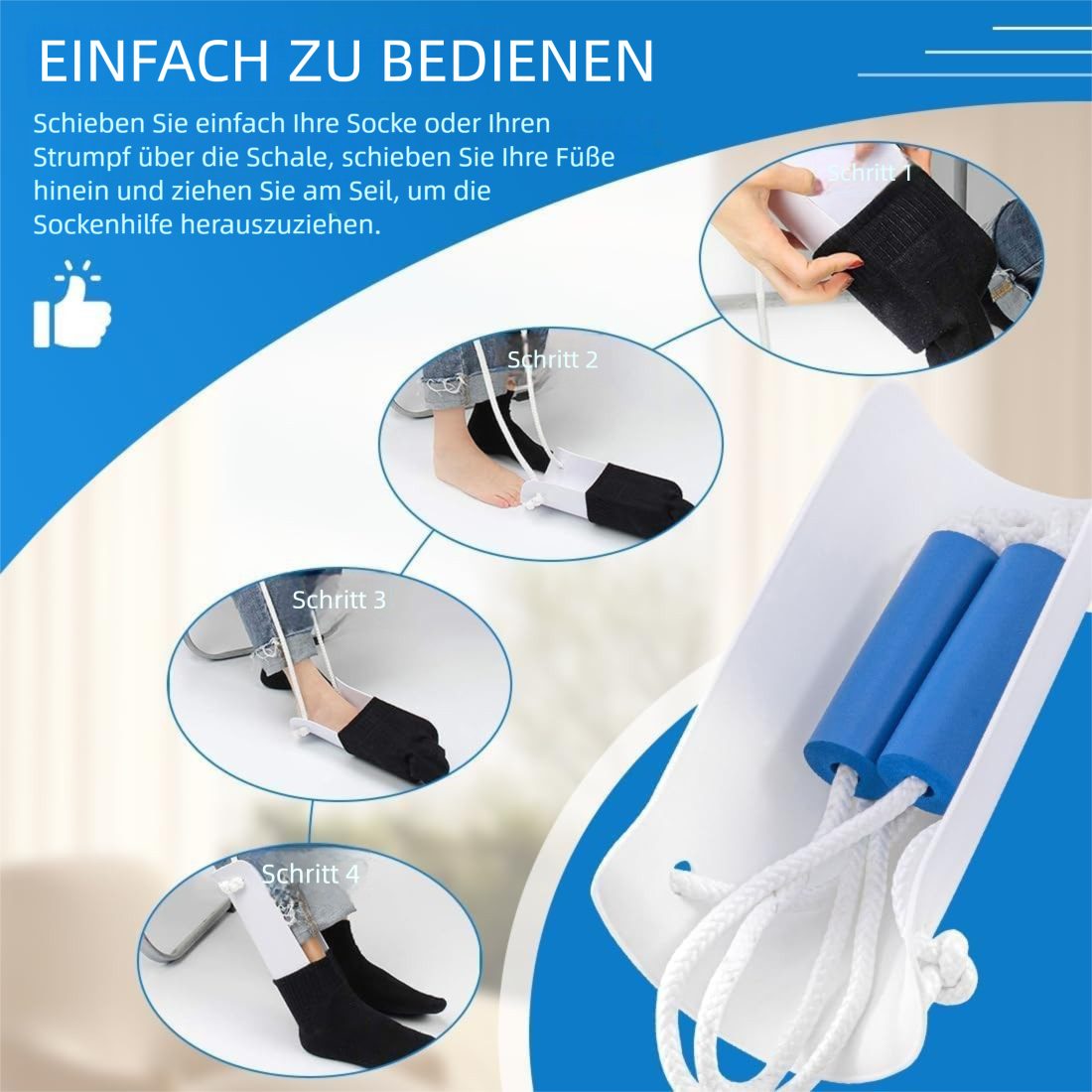 VEKROBOT Anziehhilfe Socken Hilfe ohne Bücken Schaumgriff Seil Socken Anzieher/Zughilfe, 1-tlg., Socken-Anziehhilfe – ohne Bücken, Socken Anziehhilfe leicht zu öffnen und zu schließen