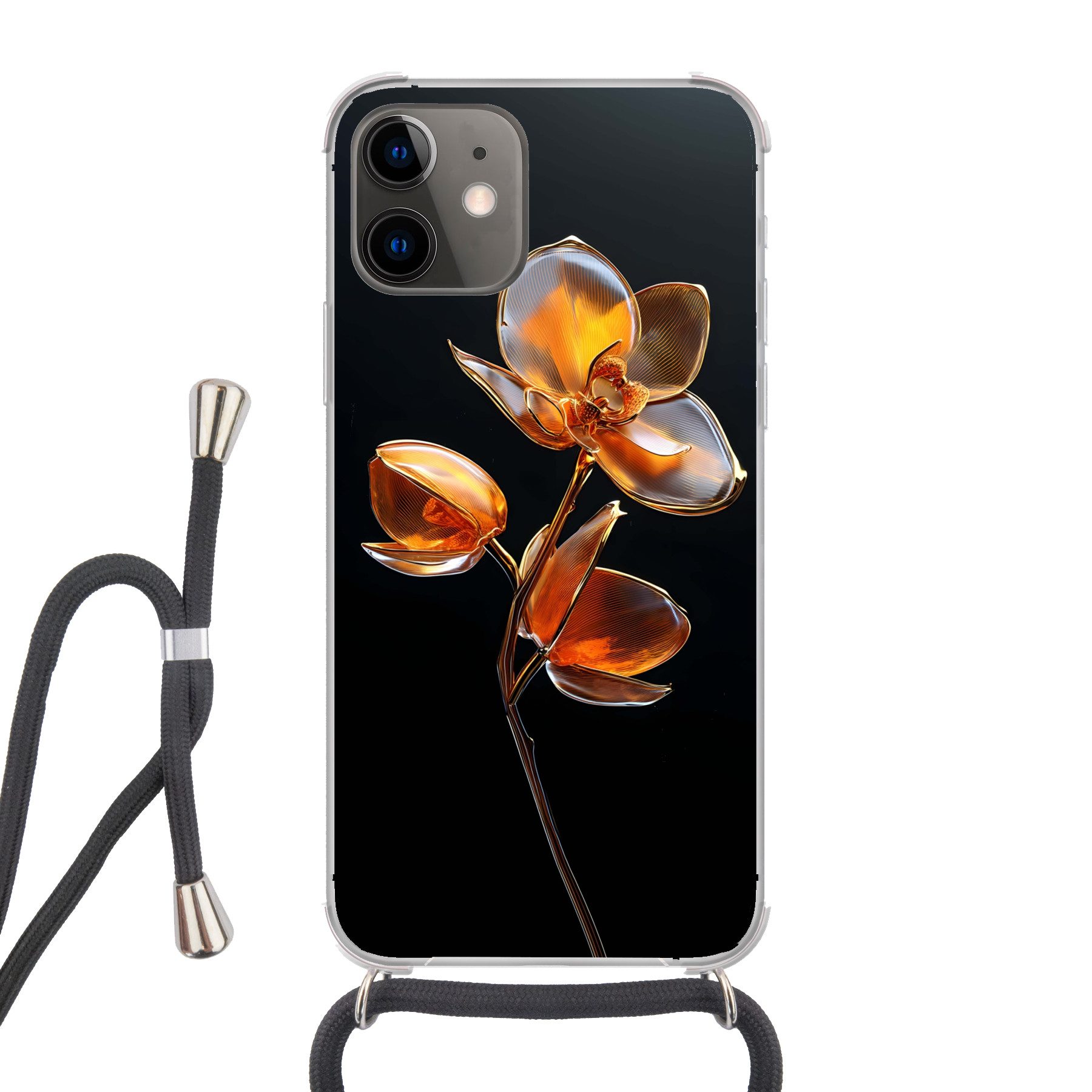 MuchoWow Handyhülle für Apple iPhone 12 Mini Blume - Orchidee - Orange, Tragbare Handyhüllen mit Kette zum umhängen, Handykette Handyband