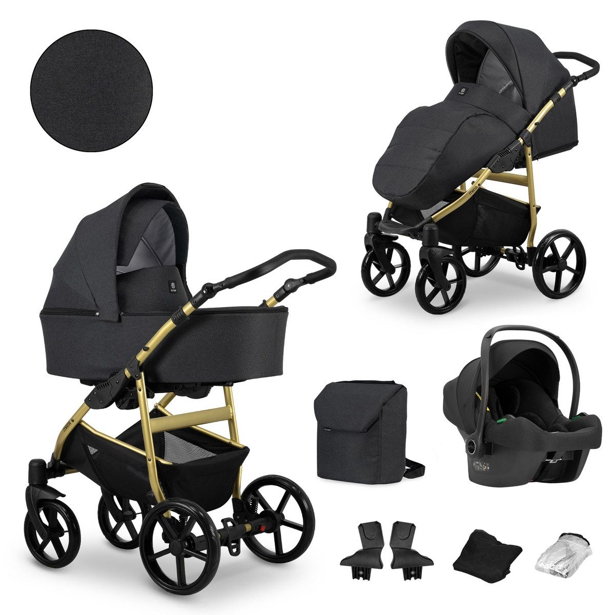 KUNERT Kombi-Kinderwagen MATA 3 in1 Kinderwagen mit Goldrahmen – Sicherheit, Aluminiumrahmen, verstellbarer Griff aus ökologischem Leder