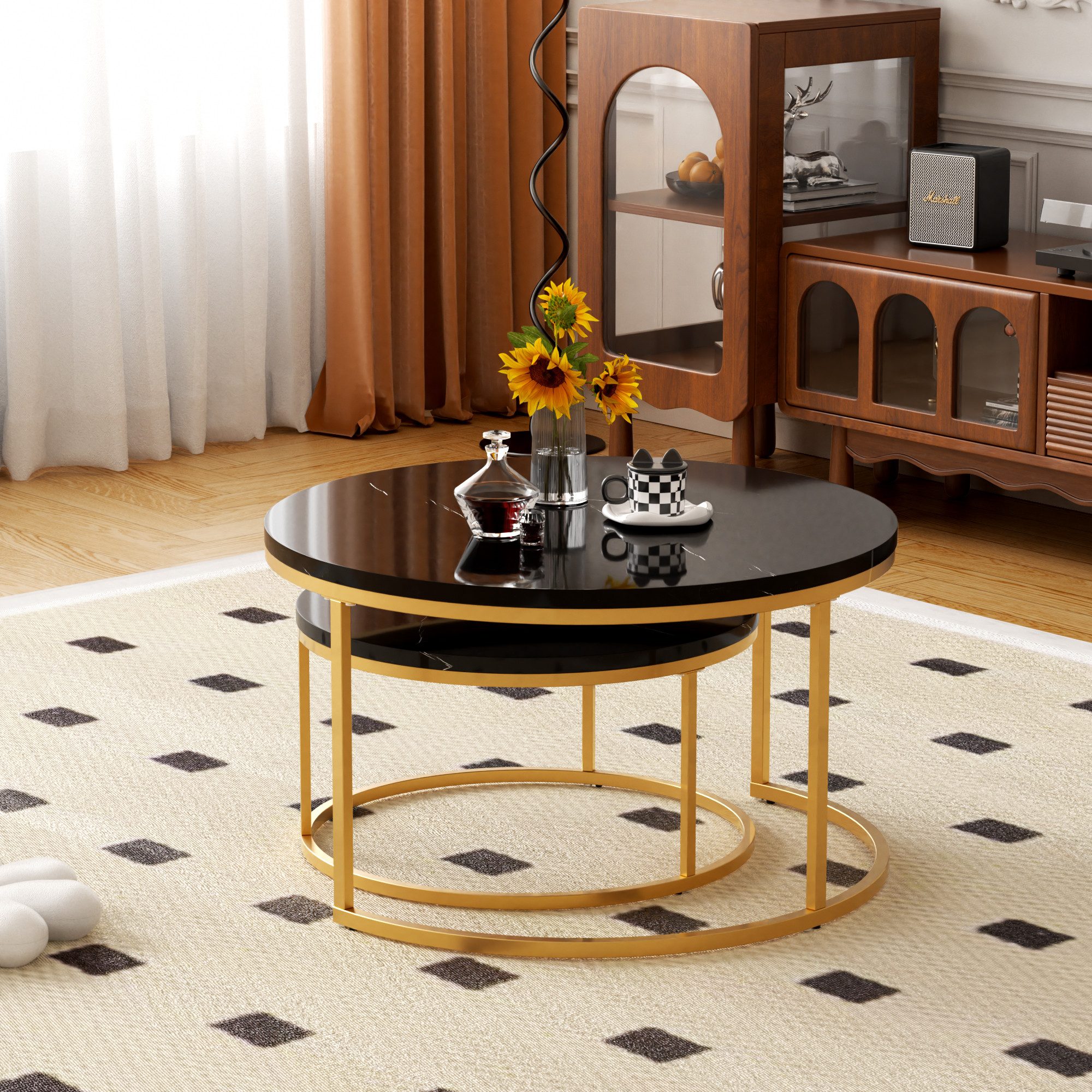 OKWISH Couchtisch Runder Satztisch (Wohnzimmertisch, Sofatisch, 2-St., Großer Tisch:80 x 80 cm, Kleiner Tisch: 60 x 60 cm), geschachtelter Beistelltisch – Bild 3 von 5