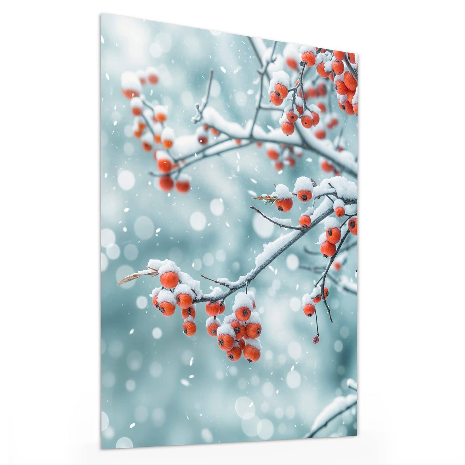 Primedeco Glasbild Wandbild Beeren im Schnee mit Aufhängung, Jahreszeiten (21 verschiedene Größen, 1 St), Elegante Aufhängung
