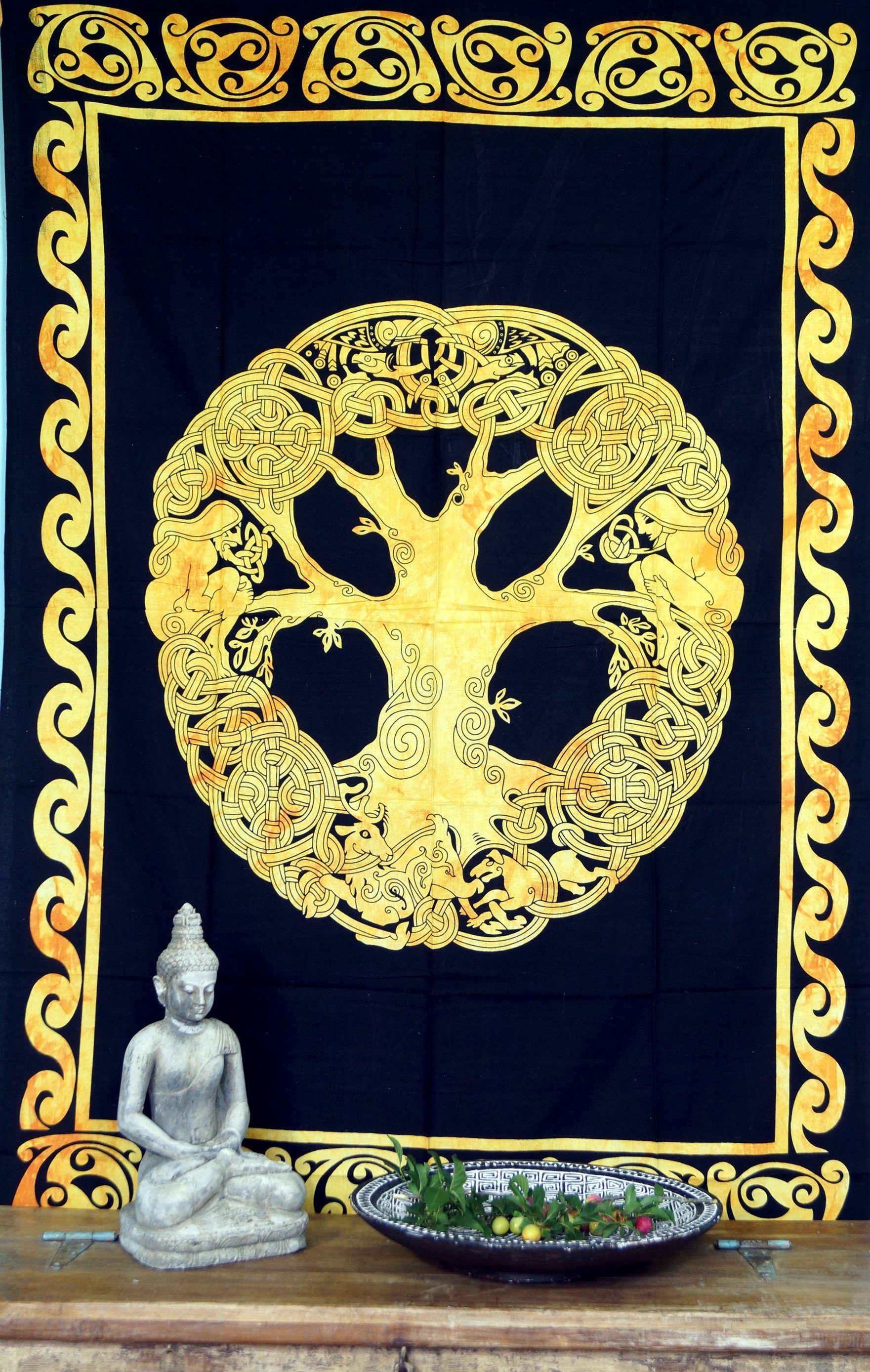 Tagesdecke Boho-Style Wandbehang, indische Tagesdecke -.., Guru-Shop Tree of Life / goldgelb