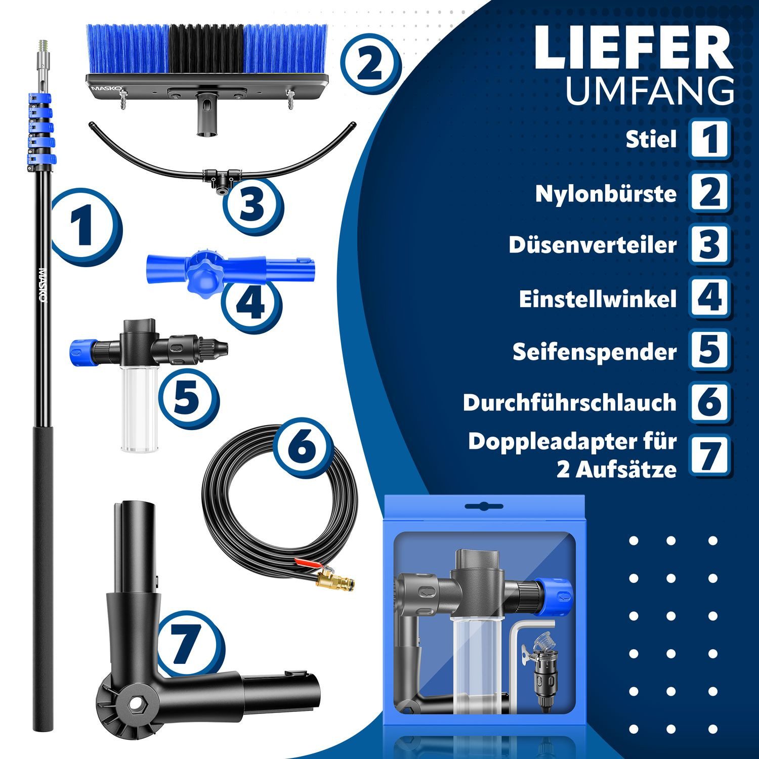 MASKO Reinigungsbürste, (mit Teleskopstage, Seifenspender & Handschuhe), Teleskop Waschbürste Teleskopstiel bis 5,4m Ausziehbar Weiche Borsten