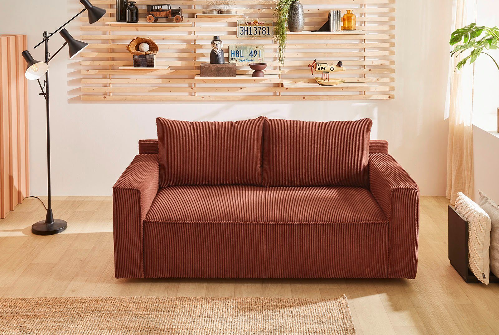 Jockenhöfer Gruppe Schlafsofa Ron, Platzsparendes Sofa rost-rot mit | rost-rot Federkernpolsterung Gästebettfunktion