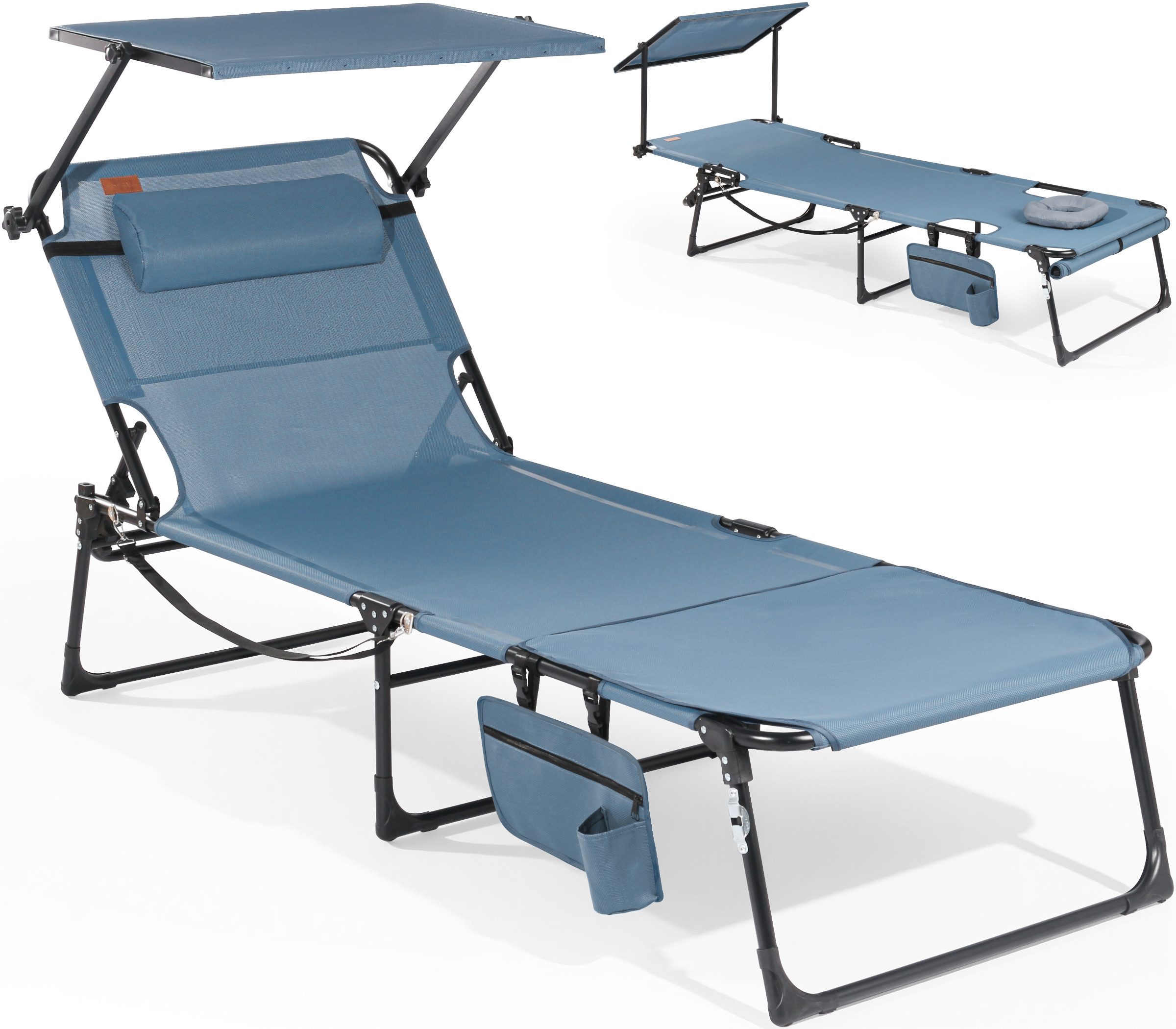 HOMECALL Gartenliege Sonnenliege mit Gesichtsöffnung und Sonnendach, klappbarer Liegestuhl, bis180 kg 200x70cm 4-Fach verstellbare Rückenlehne, 1 St., für Garten, Strand und Camping