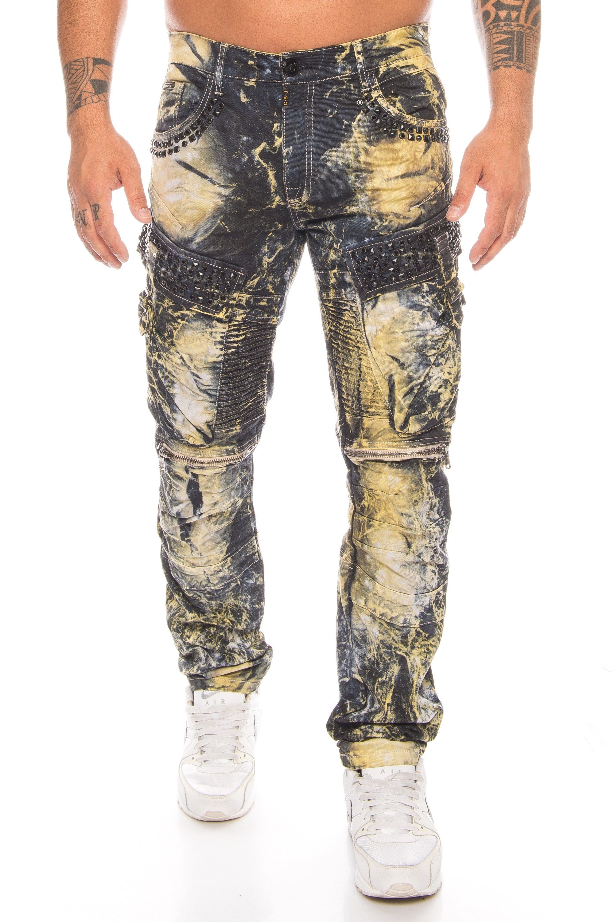 Cipo & Baxx Slim-fit-Jeans Herren Cargo Jeans Hose mit Strasssteinen Jeanshose mit Zierreißverschlüssen und stylischer Batik Waschung Khaki