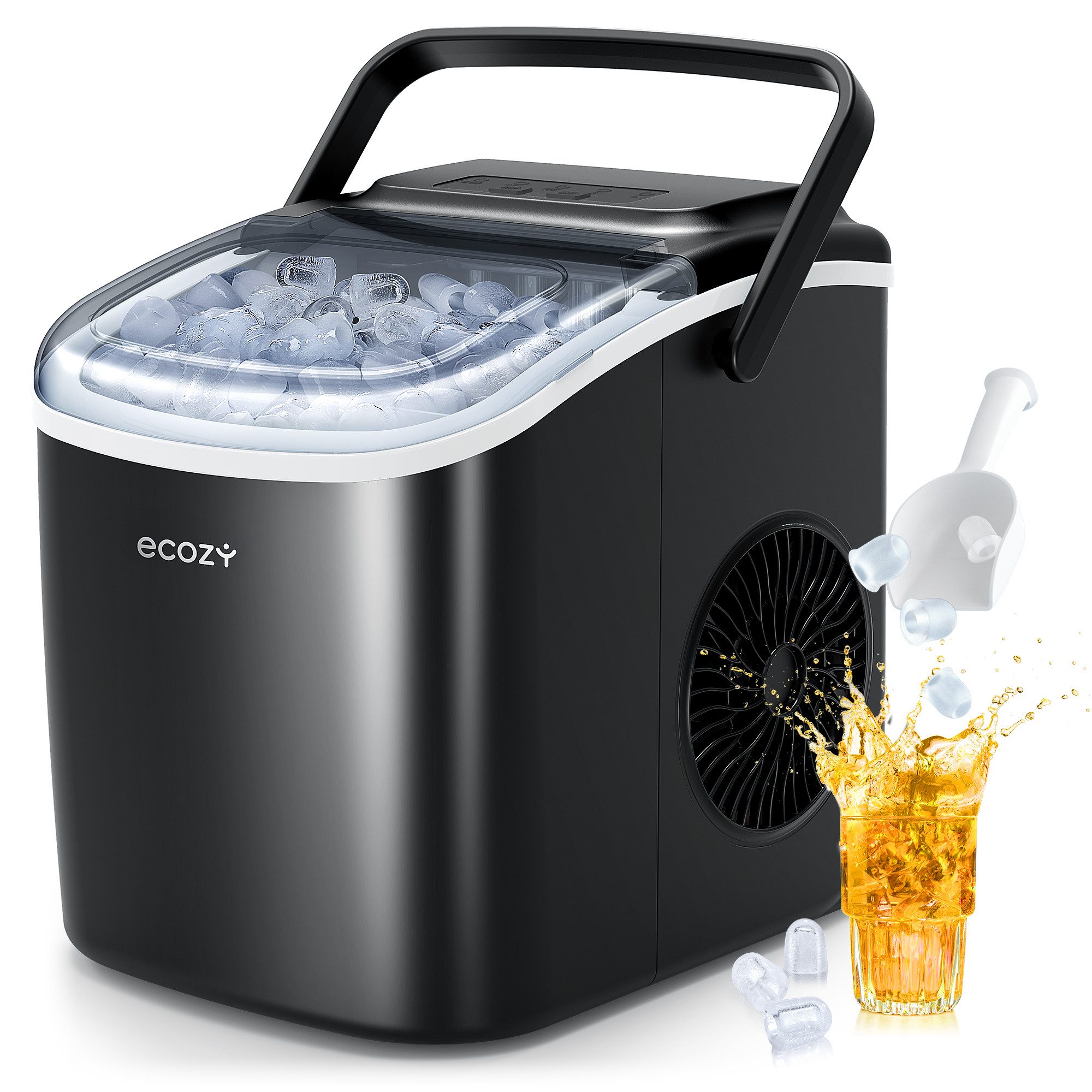 eCozy Eiswürfelmaschine Tragbar, 2 Eisgrößen, Selbstreinigung, Stummschalten, 9 Würfel in 6 Minuten Fertig, 12KG/24H, für Zuhause Party