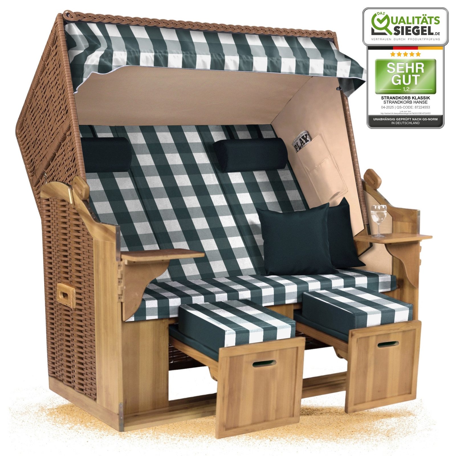 Strandkorb Hanse Strandkorb Strandkorb Ostsee XXL 2,5-Sitzer Volllieger Beige Grün, BxTxH: 150x80x160 cm, Ostsee XXL Volllieger, Ostsee 2,5-Sitzer Modell 2025, Stabiles Wacholder mit handgefertigtem Polyrattangeflecht