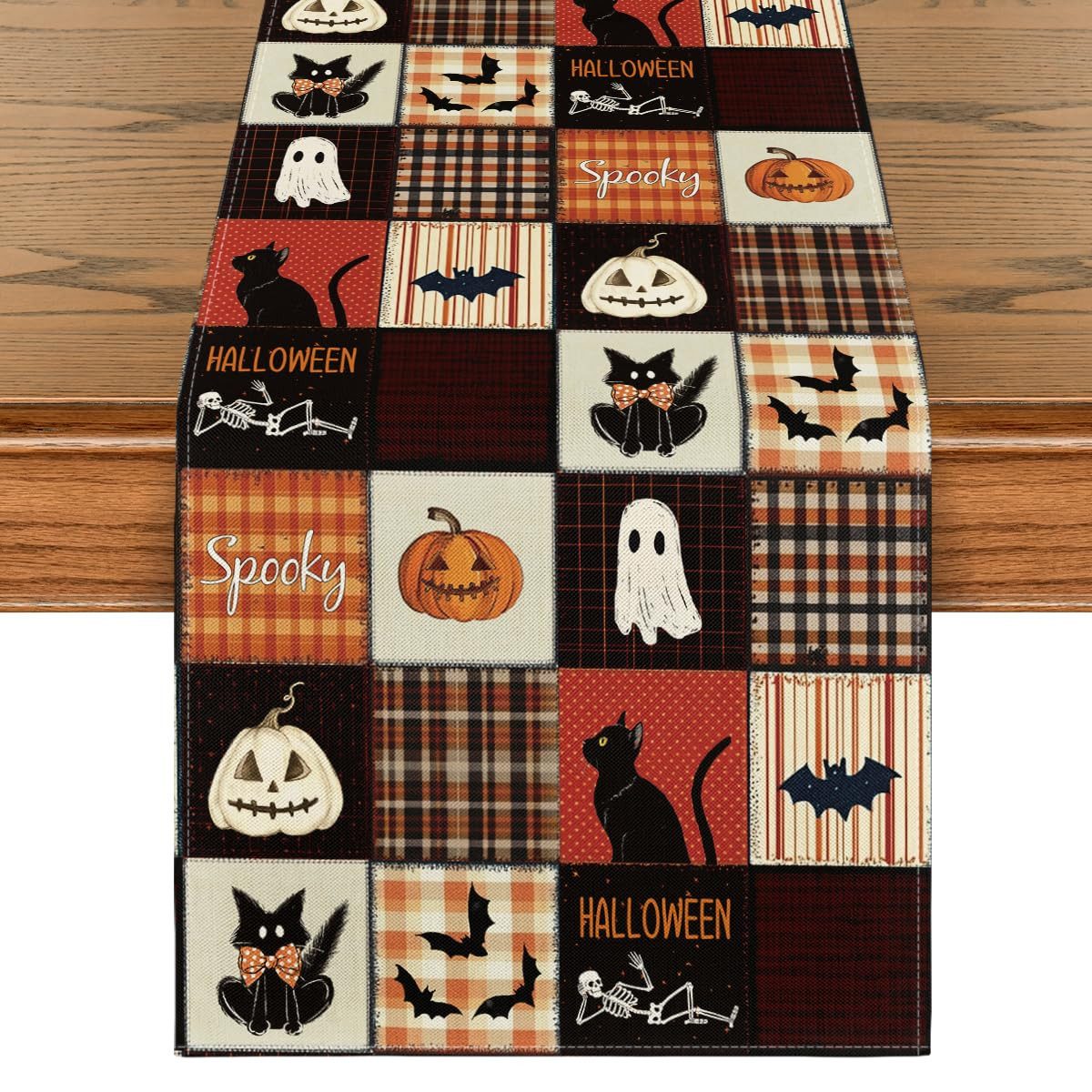 Bomiclss Tischläufer Halloween Tischläufer mit schwarzer Katze, Fledermaus- und Kürbismotiv, Tischdekoration für Halloween, Party und Esstisch