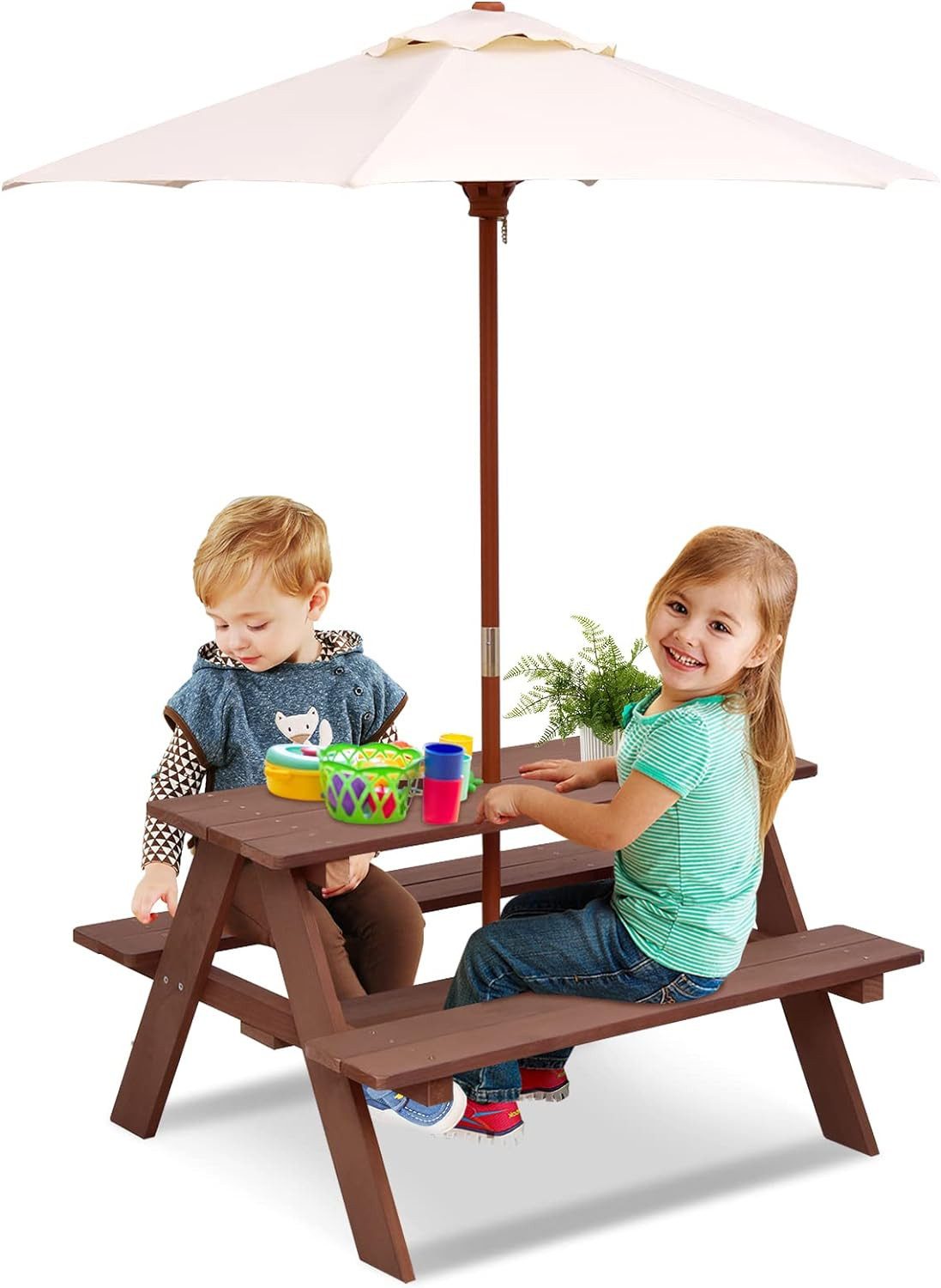 COSTWAY Garten-Kindersitzgruppe, mit abnehmbarem Sonnenschirm, 4 Sitze
