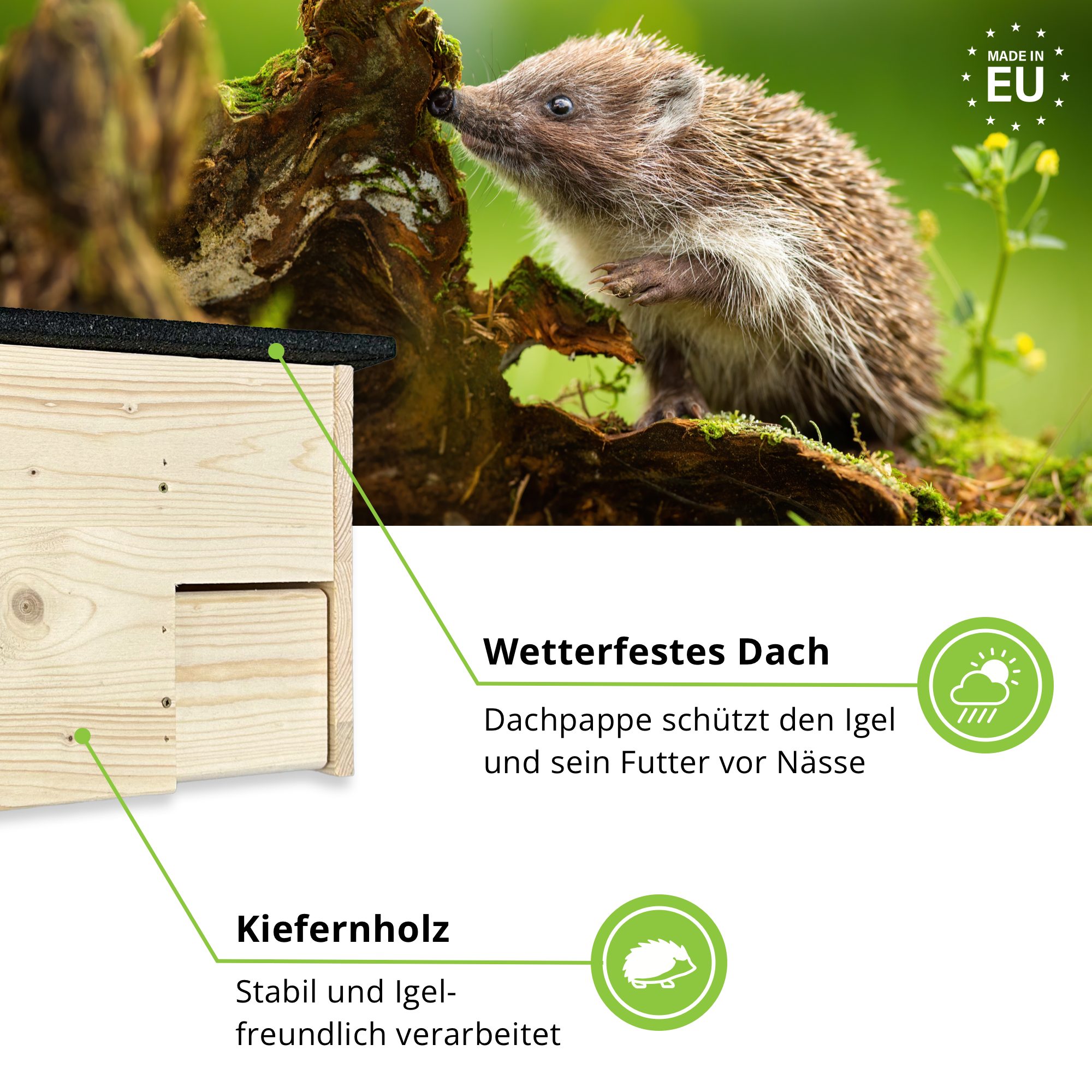 gartenetage Igelhaus Igelfutterhaus mit zwei Eingängen und Rattenklappen, Katzen- und Rattensicher/ Wetterfest & aus Massiv-Holz