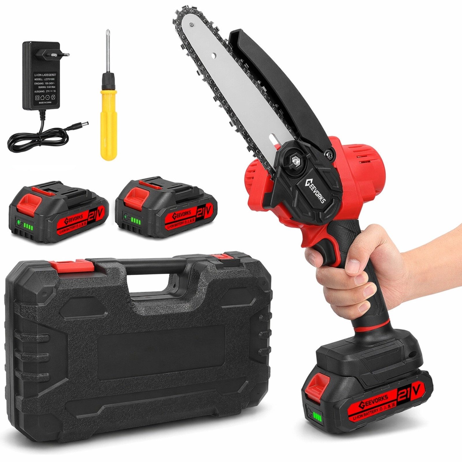 GARRYFIZH Akku-Säge Akku-Säge Mini Akku SäGe 21V HandgefüHrte SäGe Elektrische KettensäGe, 6 Zoll 2 Batterien Lange Führungsplatte