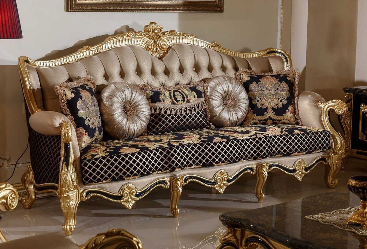 Casa Padrino Sofa Luxus Barock Sofa Gold / Schwarz / Mehrfarbig / Gold - Prunkvolles Wohnzimmer Sofa mit elegantem Muster - Barock Wohnzimmer Möbel