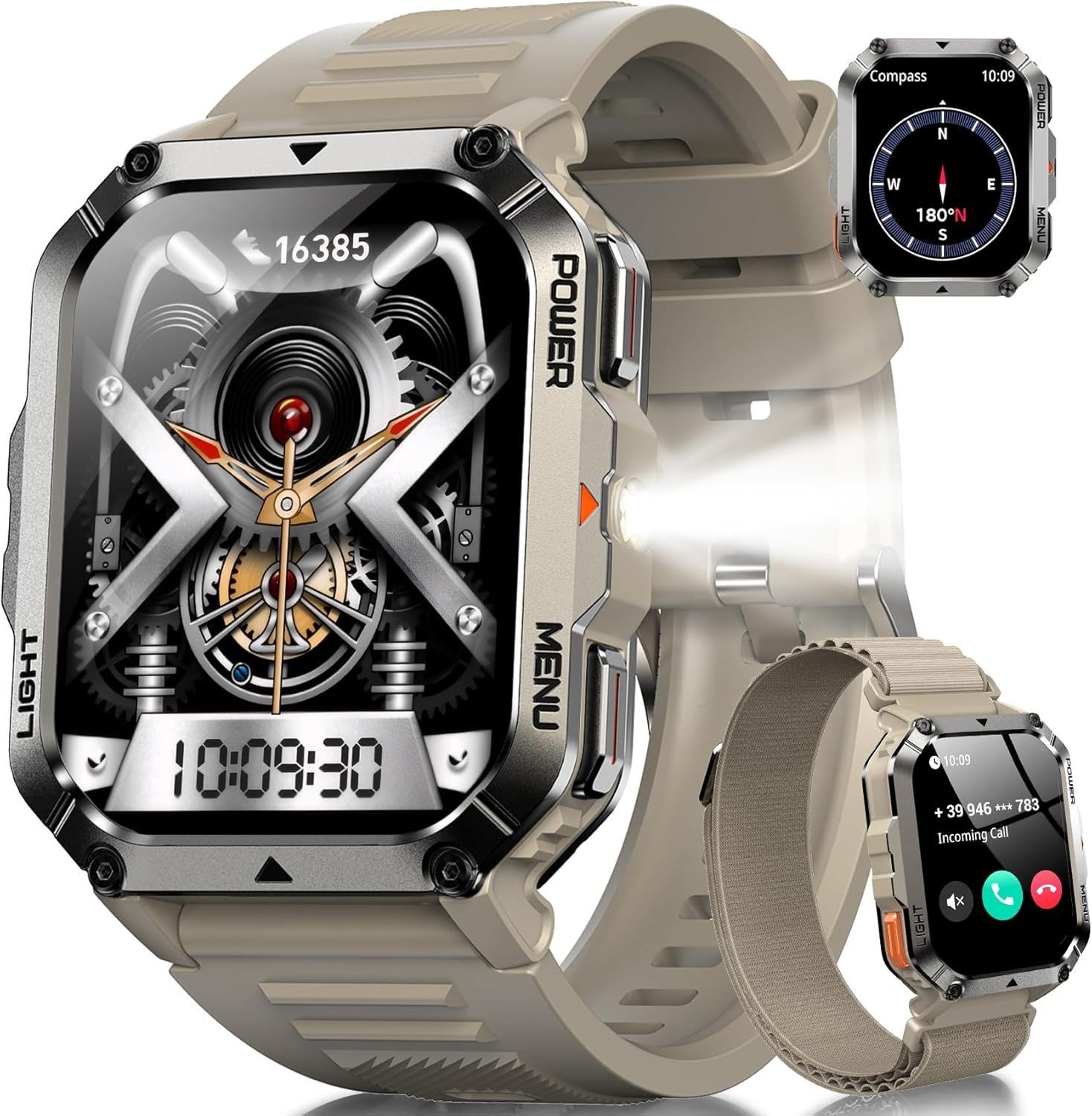 blackview Militär-Smartwatch Herren mit 900mAh Akku/LED-Taschenlampe/Kompass/SOS Smartwatch (2.01 Zoll, iOS/Android), 2-tlg., 3 x Riemen / 2 x Riemen und Ladekabel, Herzfrequenz,SpO₂& Schlafüberwachung,100+ Sportmodi,Schrittzähler,IP68