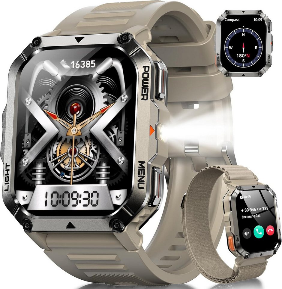 blackview Militär-Smartwatch Herren mit 900mAh Akku/LED-Taschenlampe/Kompass/SOS Smartwatch (2.01 Zoll, iOS/Android), 2-tlg., 3 x Riemen / 2 x Riemen und Ladekabel, Herzfrequenz,SpO₂& Schlafüberwachung,100+ Sportmodi,Schrittzähler,IP68