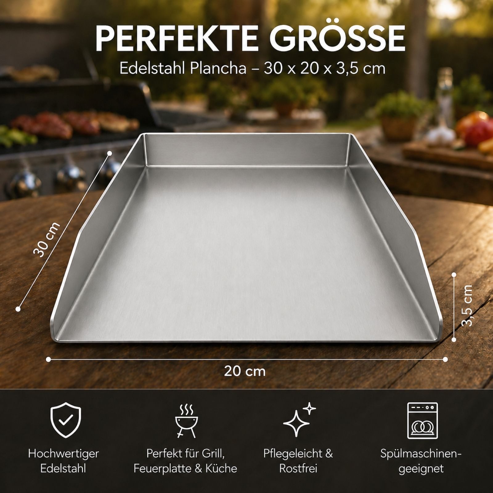 BURI Grillplatte Plancha Grillplatte Edelstahl 30x20x3,5 rostfrei Gasgrill Kohlegrill